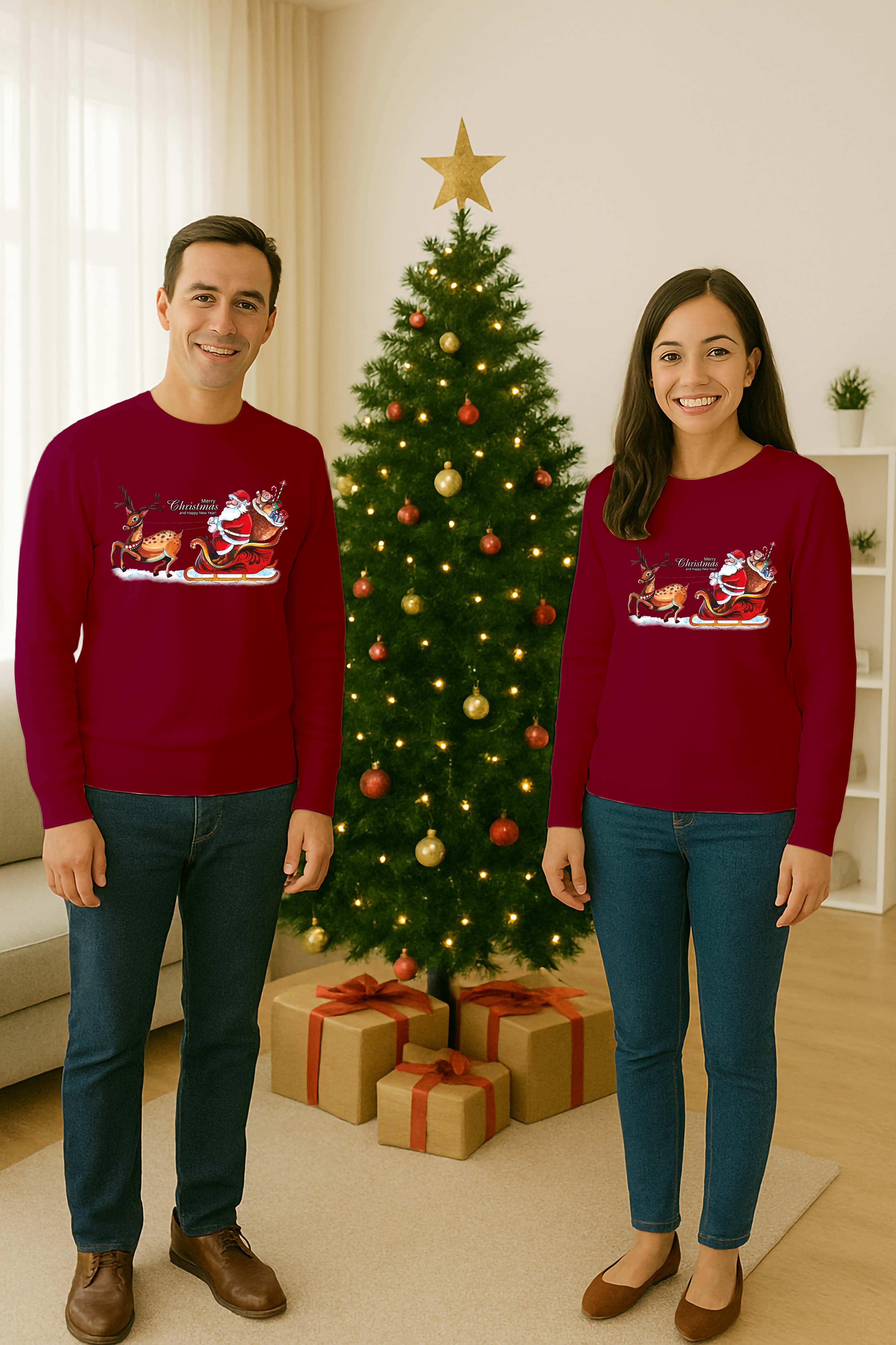 Unisex Happy New Year Yılbaşı Baskılı Yetişkin ve Çocuk Sweatshirt 3 İplik Şardonlu Kumaş