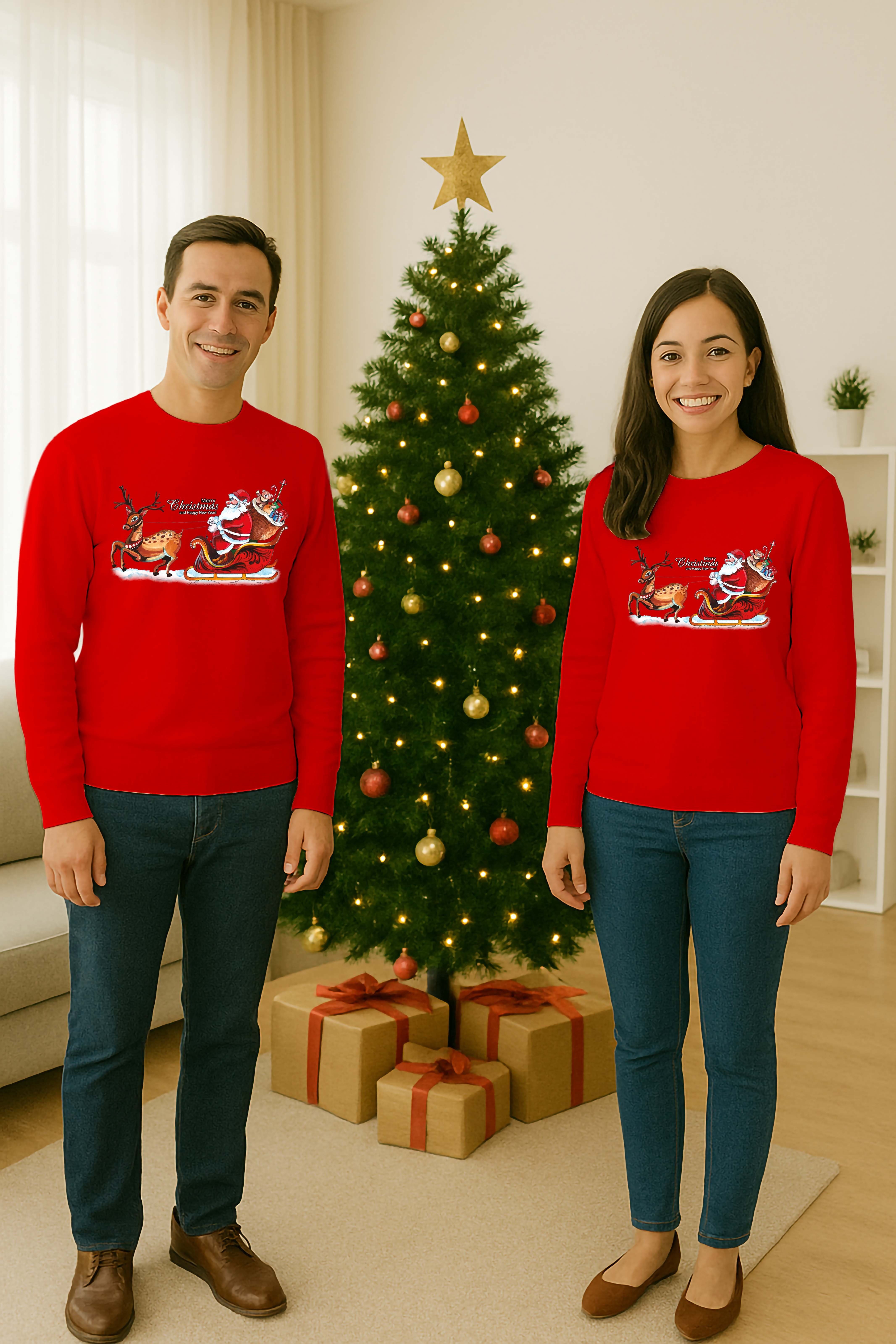 Unisex Happy New Year Yılbaşı Baskılı Yetişkin ve Çocuk Sweatshirt 3 İplik Şardonlu Kumaş