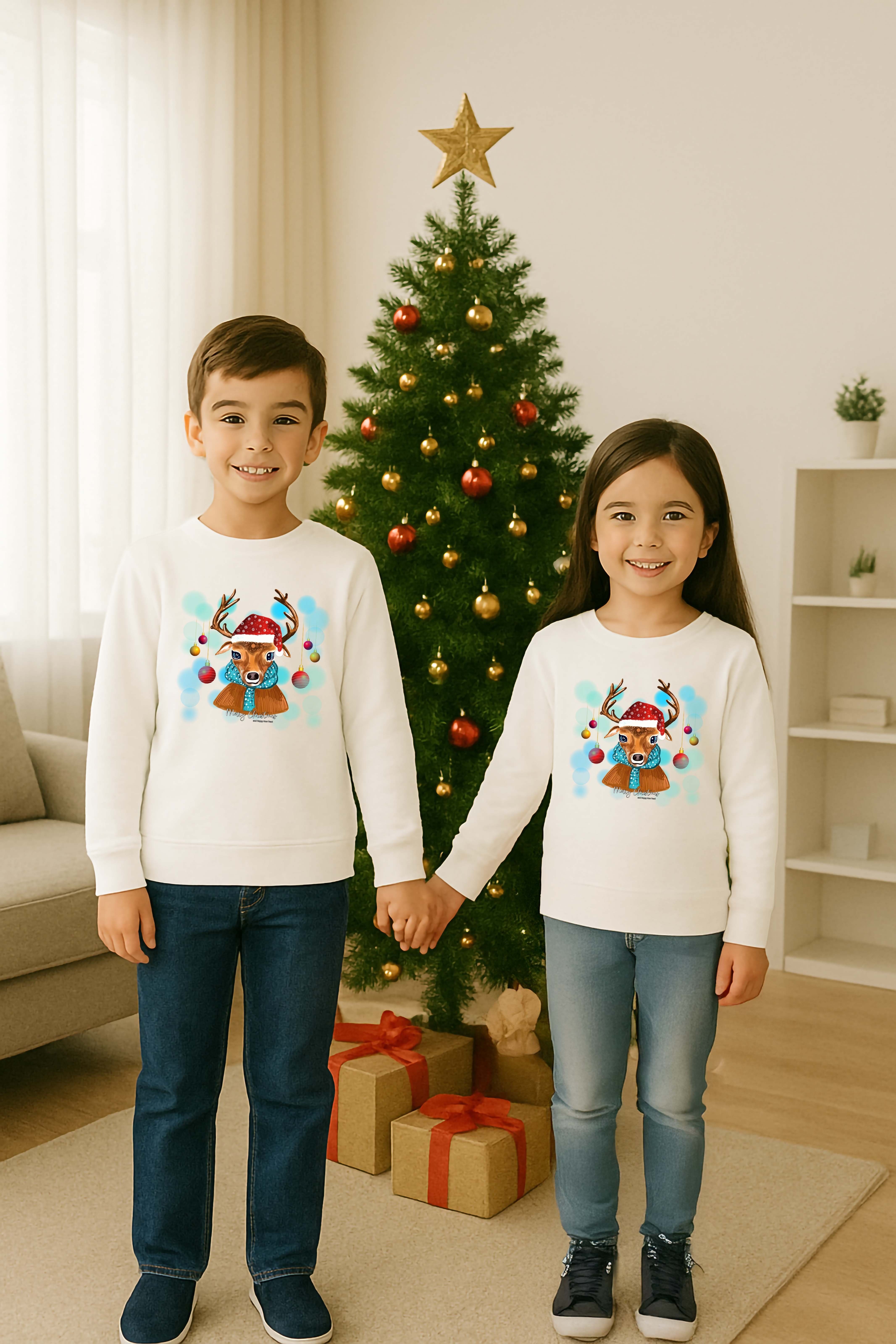 Unisex Happy New Year Yılbaşı Baskılı Yetişkin ve Çocuk Sweatshirt 3 İplik Şardonlu Kumaş