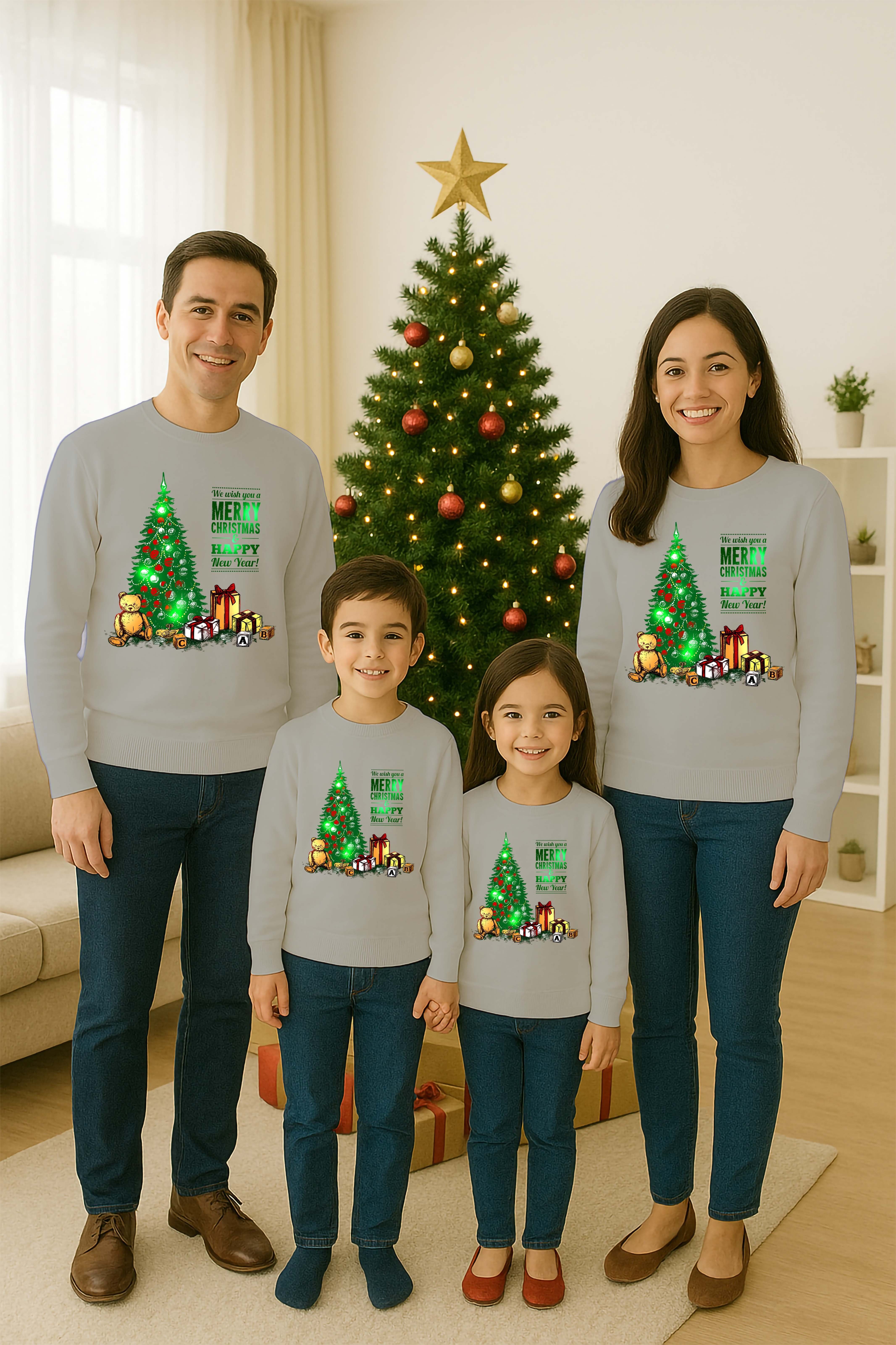 Unisex Happy New Year Yılbaşı Baskılı Yetişkin ve Çocuk Sweatshirt 3 İplik Şardonlu Kumaş