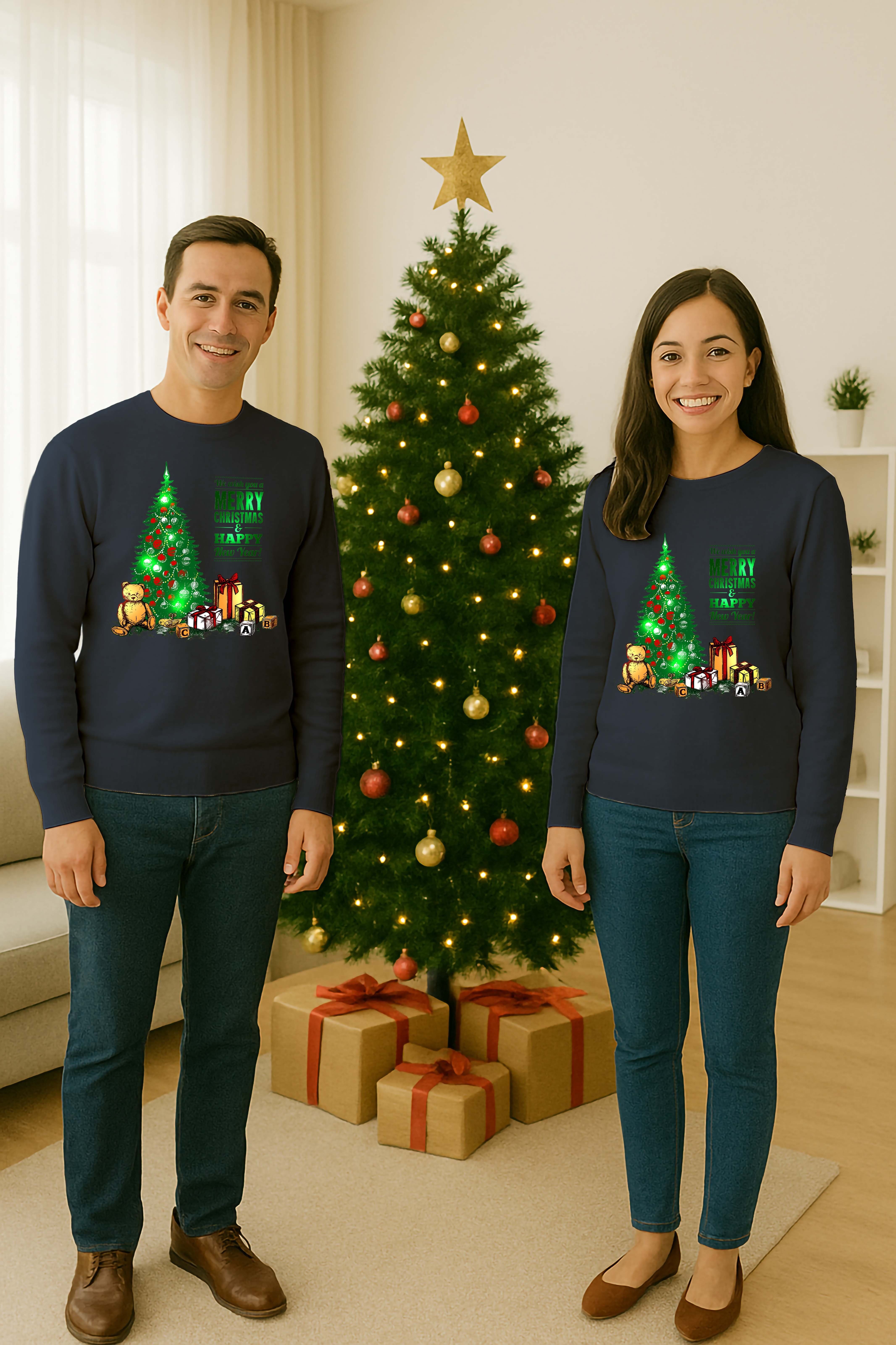 Unisex Happy New Year Yılbaşı Baskılı Yetişkin ve Çocuk Sweatshirt 3 İplik Şardonlu Kumaş