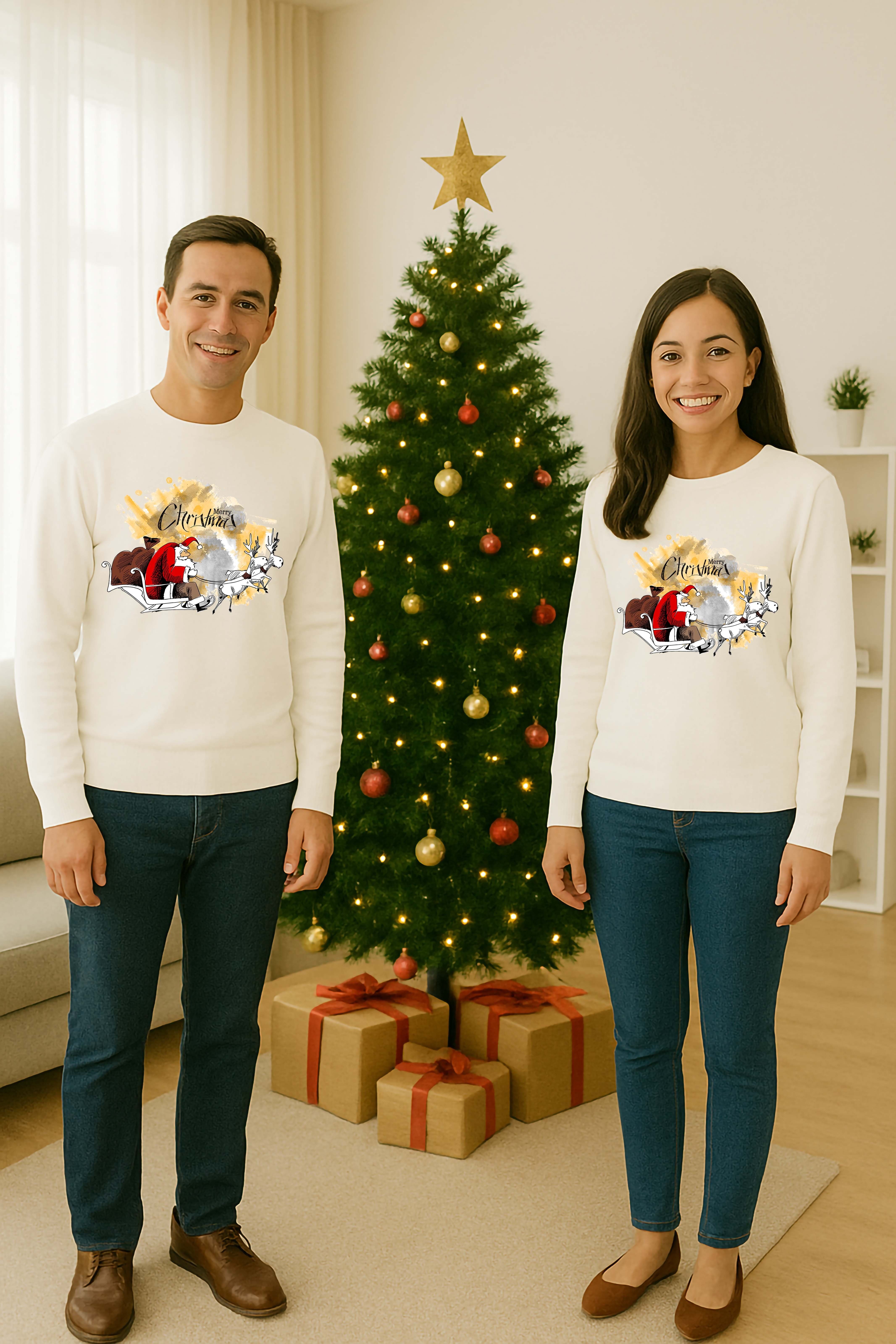 Unisex Happy New Year Yılbaşı Baskılı Yetişkin ve Çocuk Sweatshirt 3 İplik Şardonlu Kumaş