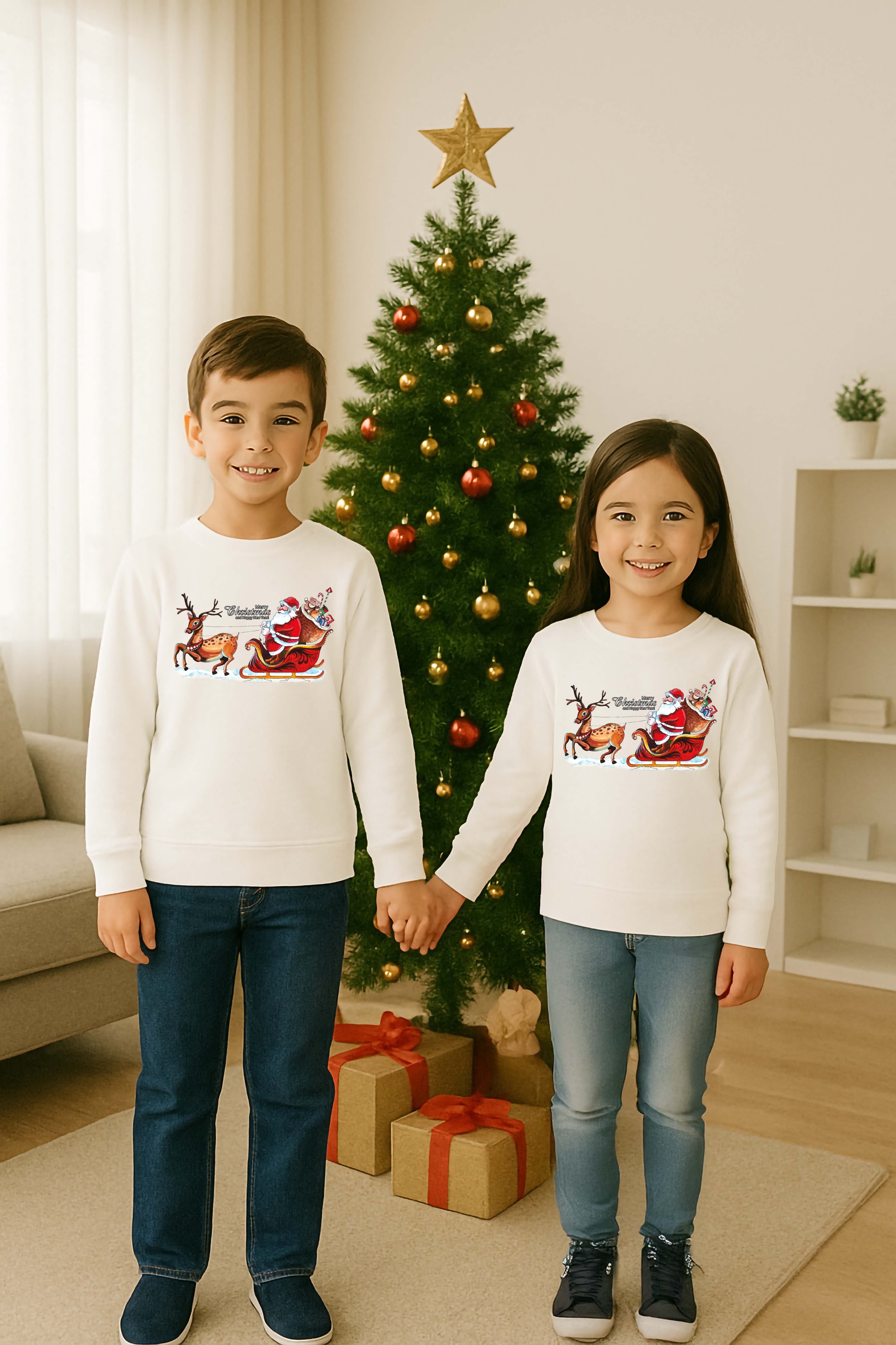 Unisex Happy New Year Yılbaşı Baskılı Yetişkin ve Çocuk Sweatshirt 3 İplik Şardonlu Kumaş