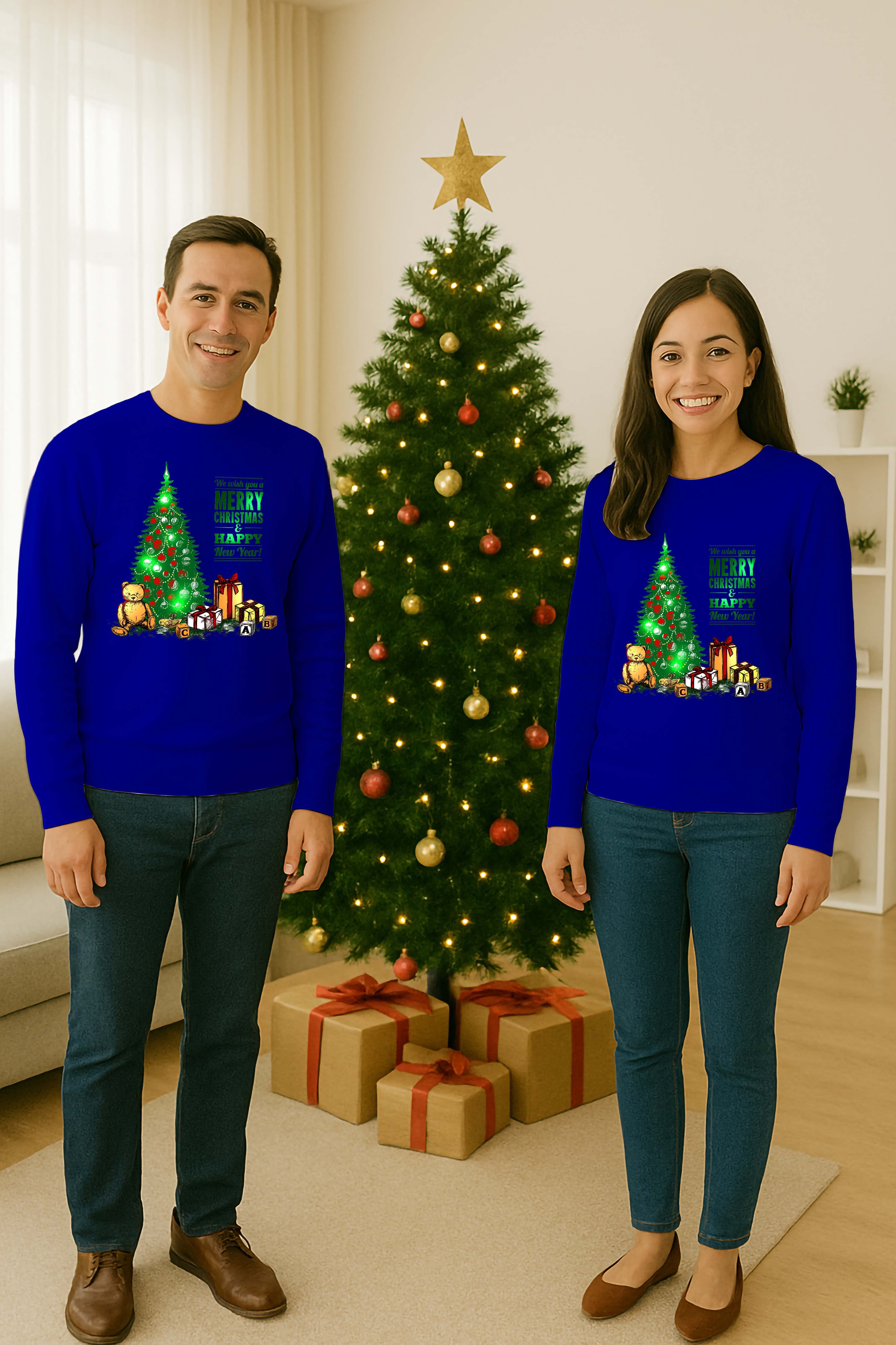 Unisex Happy New Year Yılbaşı Baskılı Yetişkin ve Çocuk Sweatshirt 3 İplik Şardonlu Kumaş