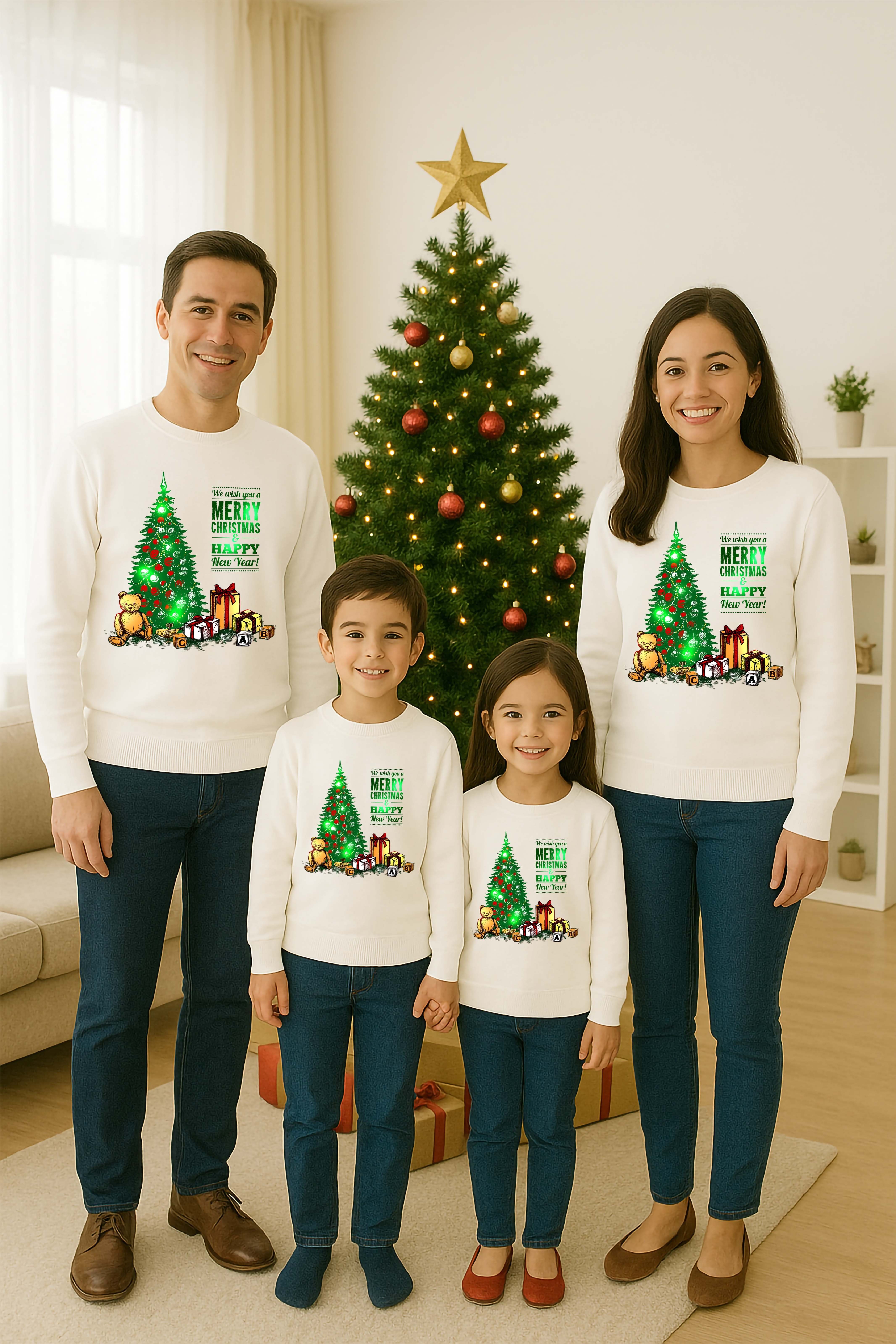 Unisex Happy New Year Yılbaşı Baskılı Yetişkin ve Çocuk Sweatshirt 3 İplik Şardonlu Kumaş
