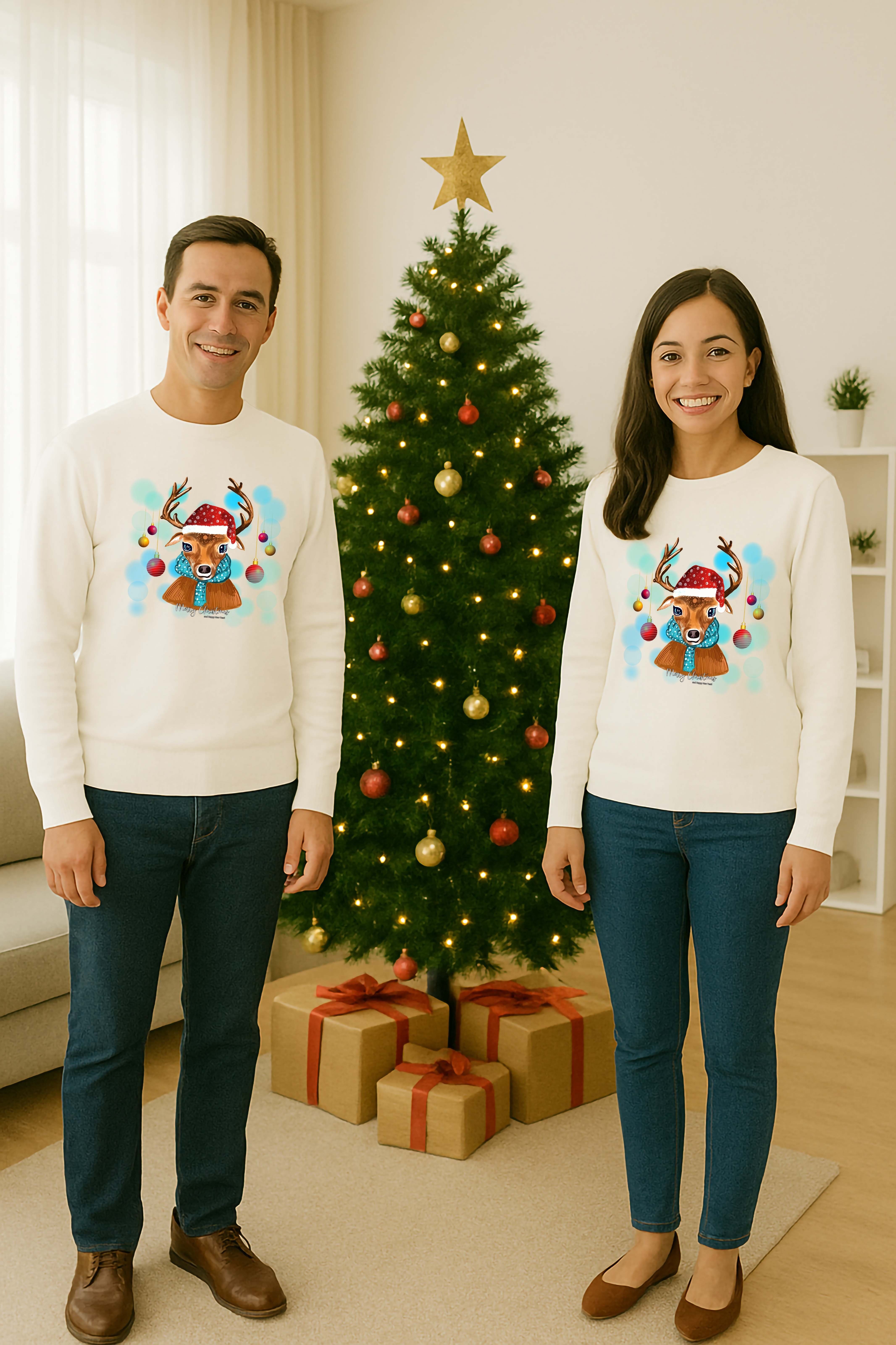 Unisex Happy New Year Yılbaşı Baskılı Yetişkin ve Çocuk Sweatshirt 3 İplik Şardonlu Kumaş