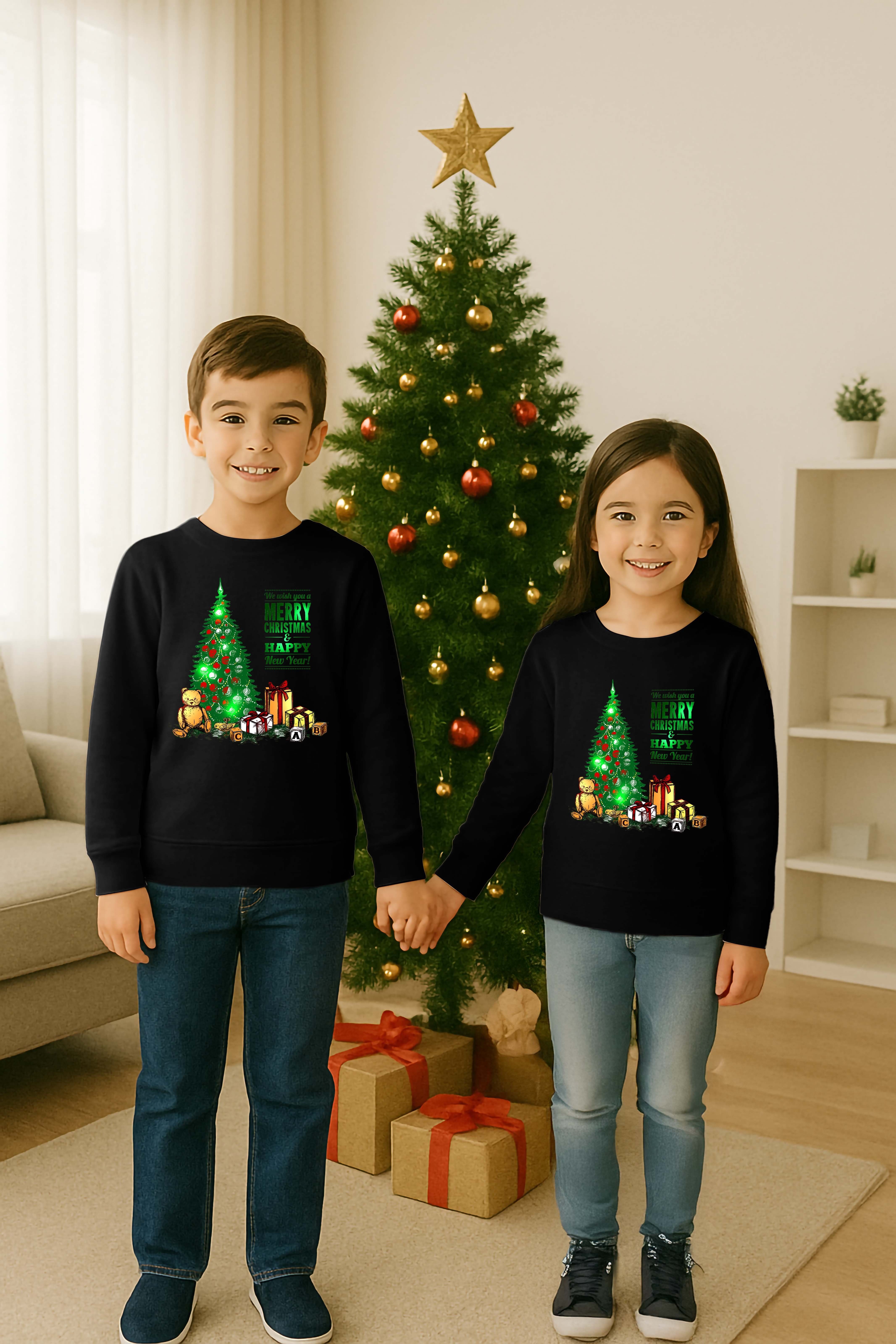Unisex Happy New Year Yılbaşı Baskılı Yetişkin ve Çocuk Sweatshirt 3 İplik Şardonlu Kumaş