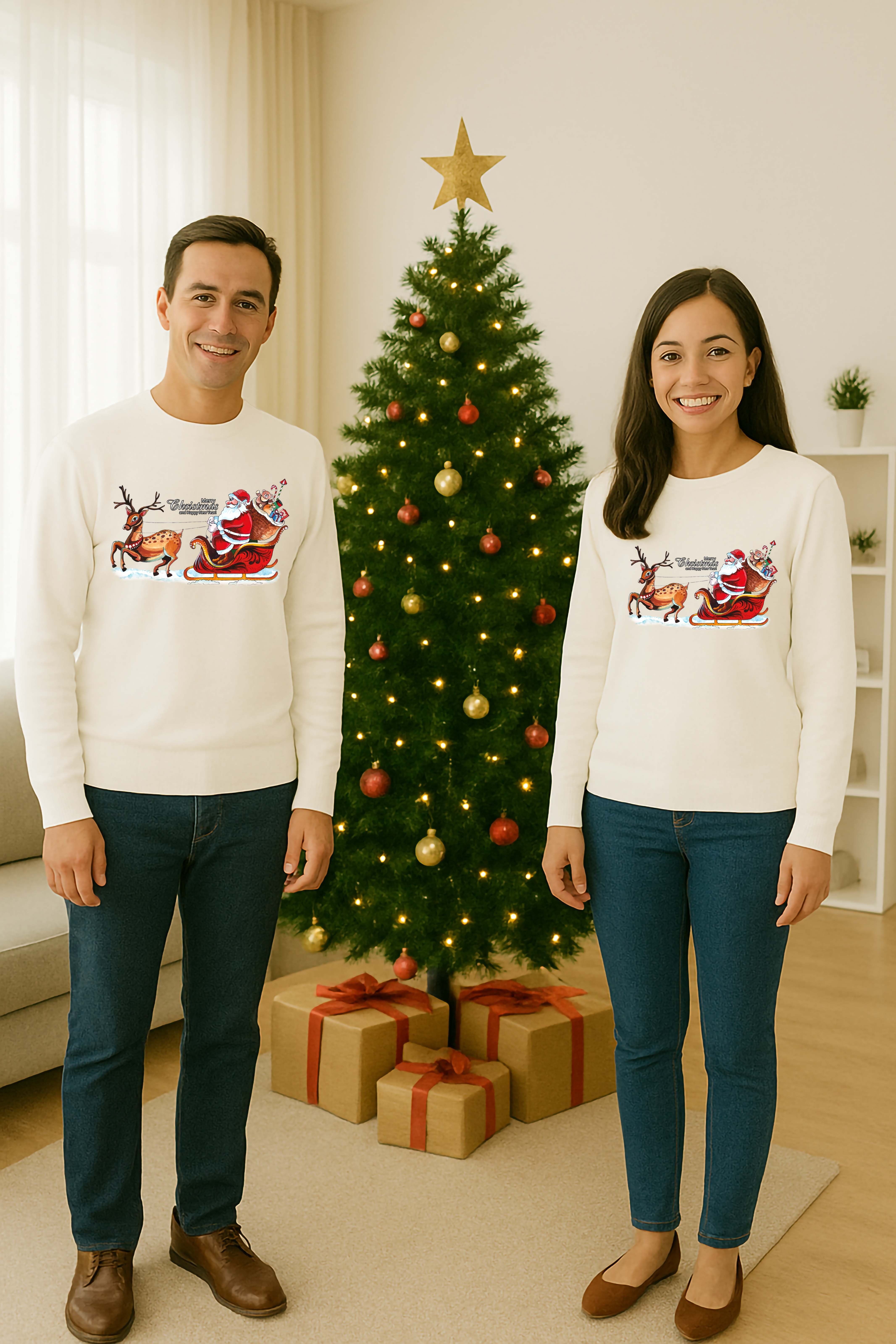 Unisex Happy New Year Yılbaşı Baskılı Yetişkin ve Çocuk Sweatshirt 3 İplik Şardonlu Kumaş