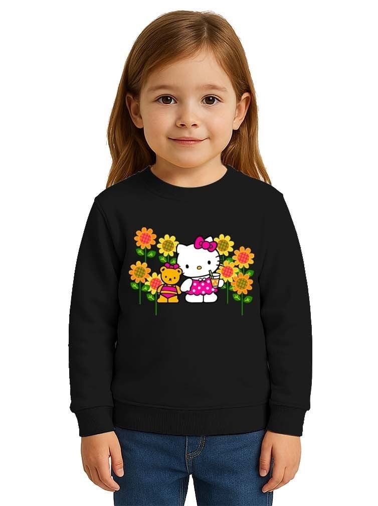 Unisex Hello Kity Baskılı Çocuk Swaetshirt 3 İplik Şardonlu