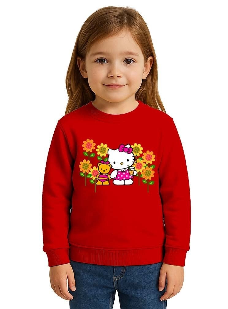 Unisex Hello Kity Baskılı Çocuk Swaetshirt 3 İplik Şardonlu