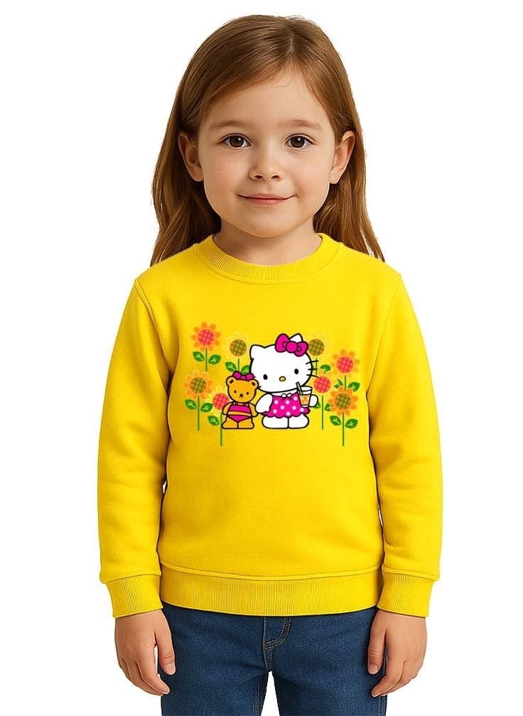 Unisex Hello Kity Baskılı Çocuk Swaetshirt 3 İplik Şardonlu