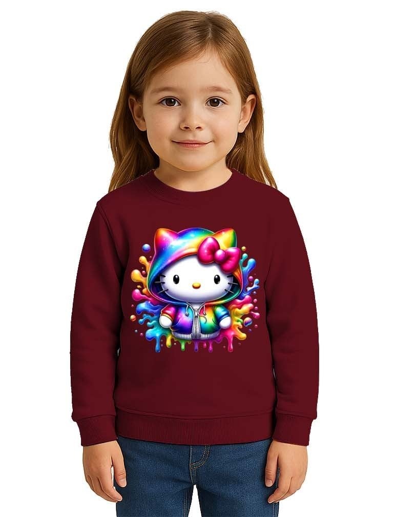 Unisex Hello Kity Baskılı Çocuk Swaetshirt 3 İplik Şardonlu