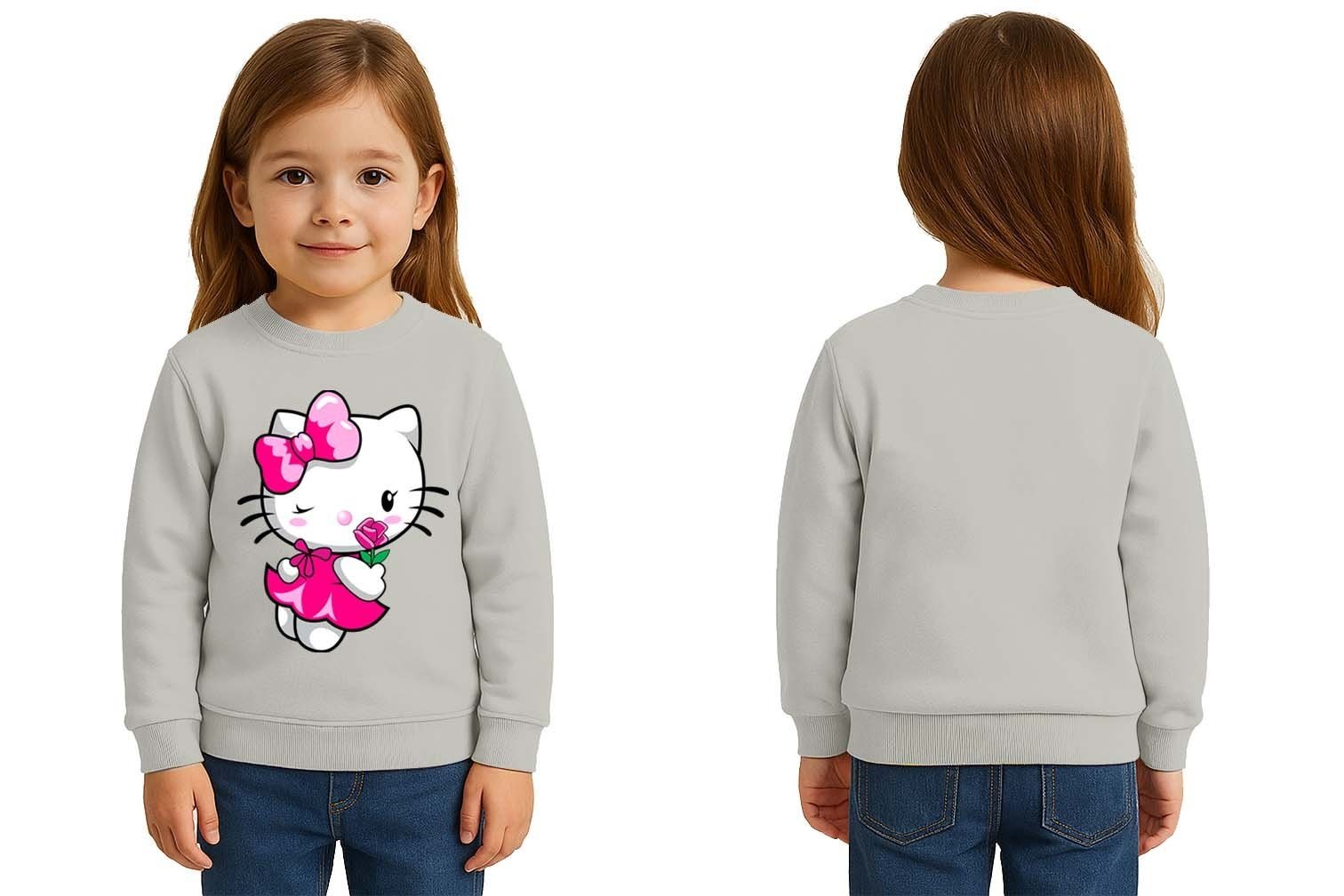 Unisex Hello Kity Baskılı Çocuk Swaetshirt 3 İplik Şardonlu