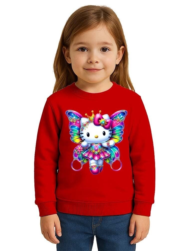 Unisex Hello Kity Baskılı Çocuk Swaetshirt 3 İplik Şardonlu