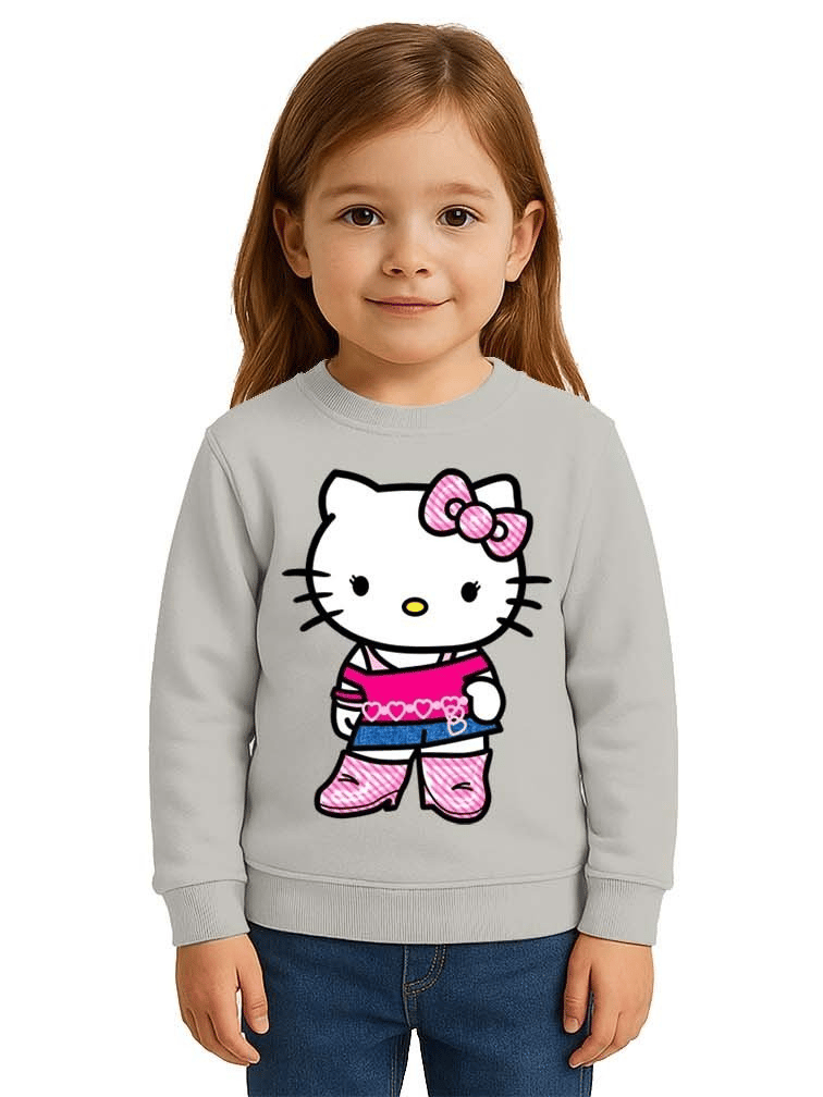 Unisex Hello Kity Baskılı Çocuk Swaetshirt 3 İplik Şardonlu