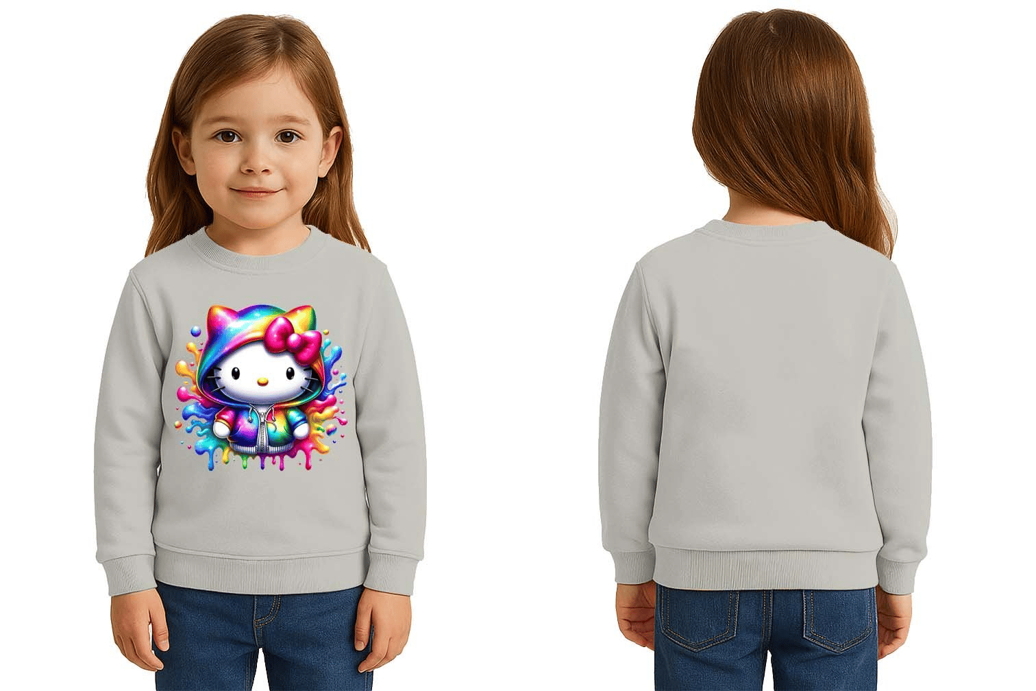 Unisex Hello Kity Baskılı Çocuk Swaetshirt 3 İplik Şardonlu