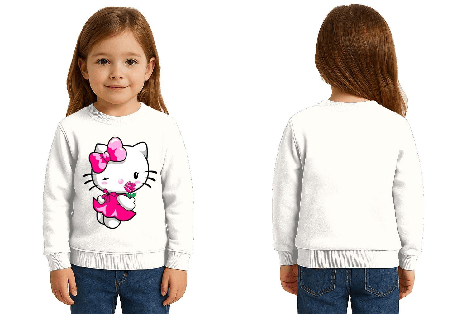 Unisex Hello Kity Baskılı Çocuk Swaetshirt 3 İplik Şardonlu