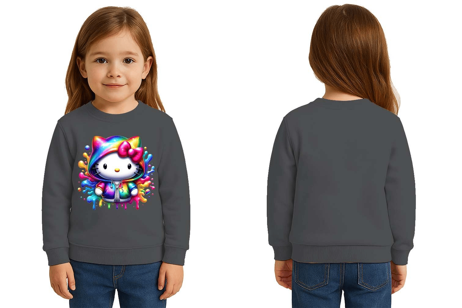 Unisex Hello Kity Baskılı Çocuk Swaetshirt 3 İplik Şardonlu