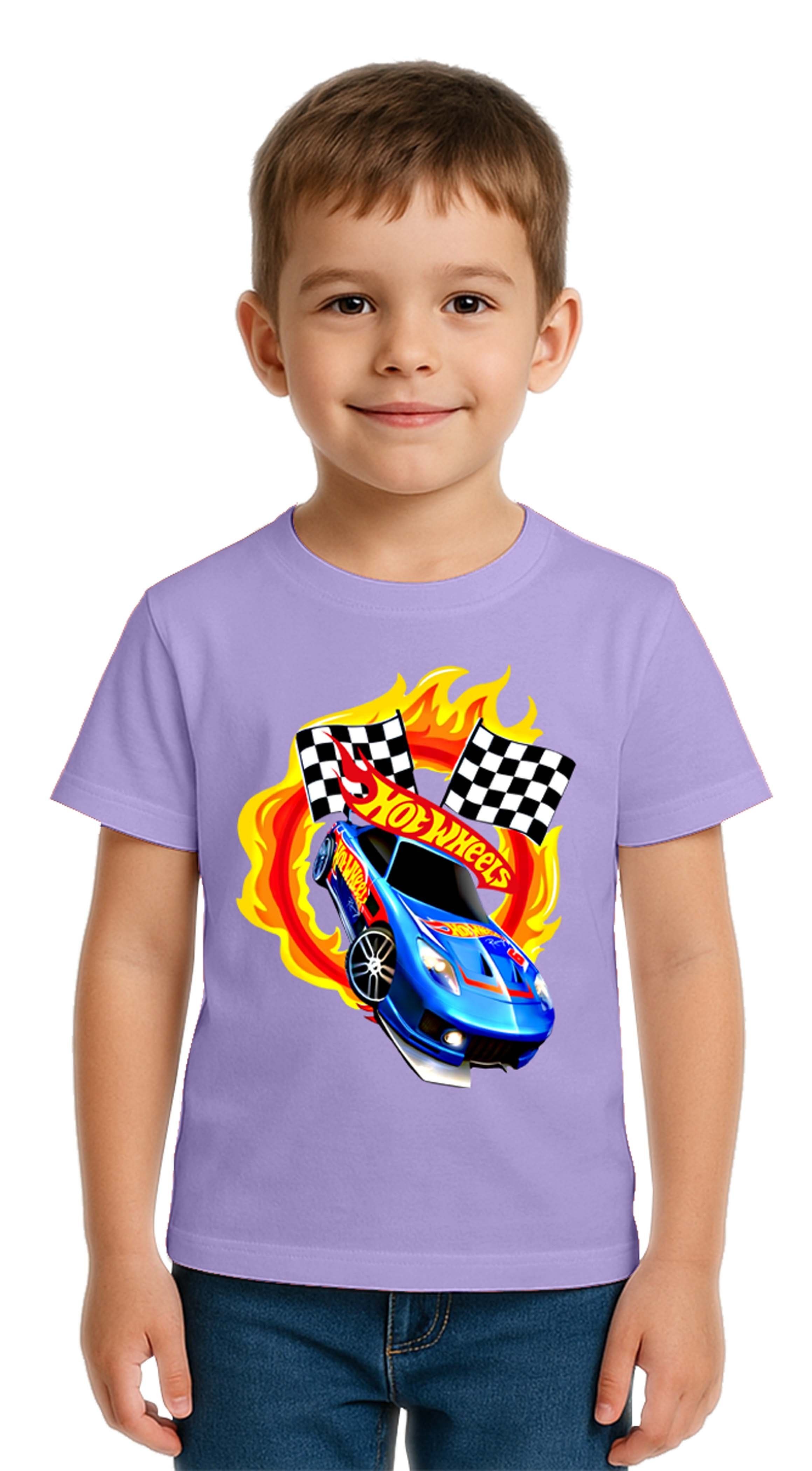 Unisex Hot Wheels baskılı Çocuk Tişört pamuklu penye kumaş