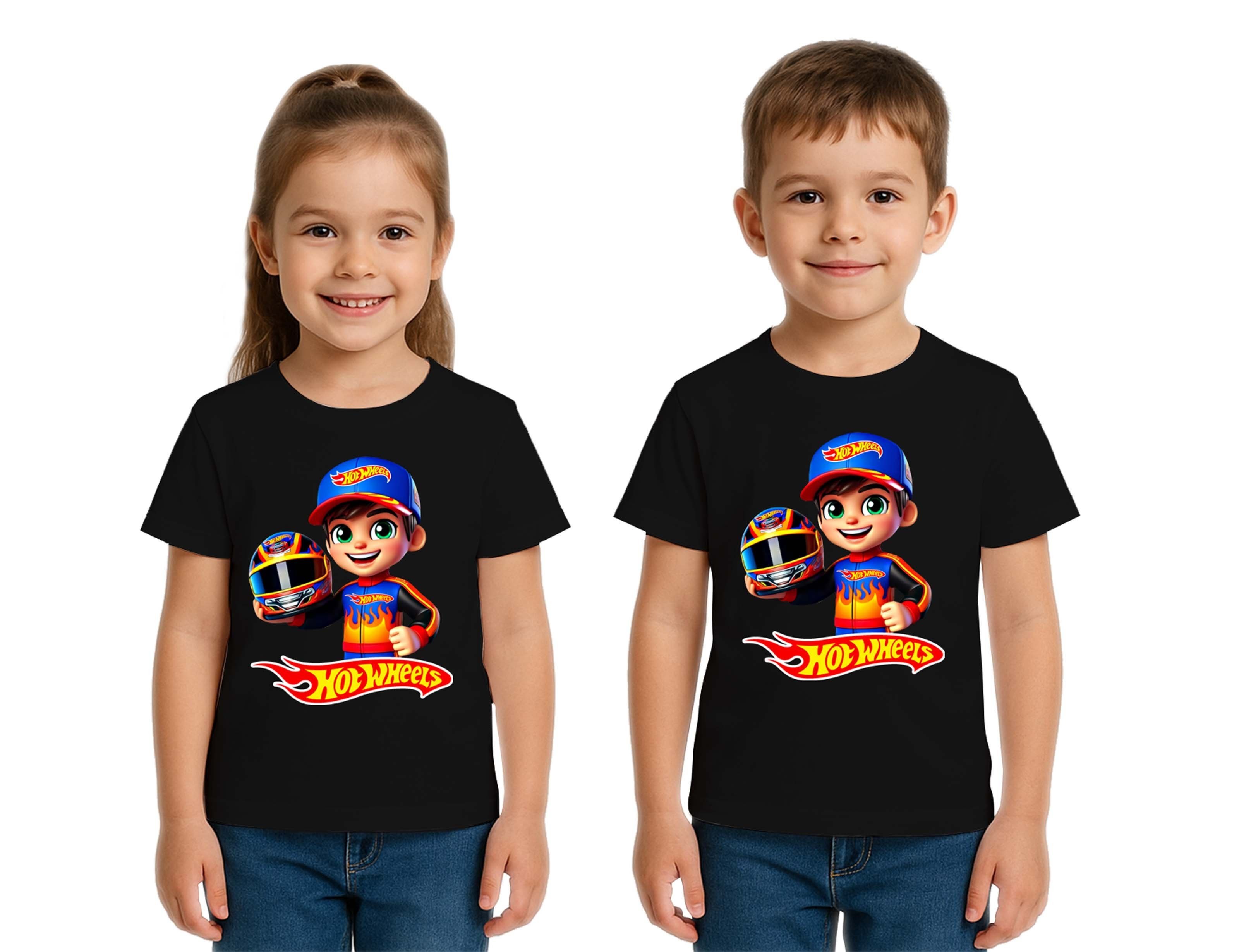 Unisex Hot Wheels  baskılı Çocuk Tişört pamuklu penye kumaş