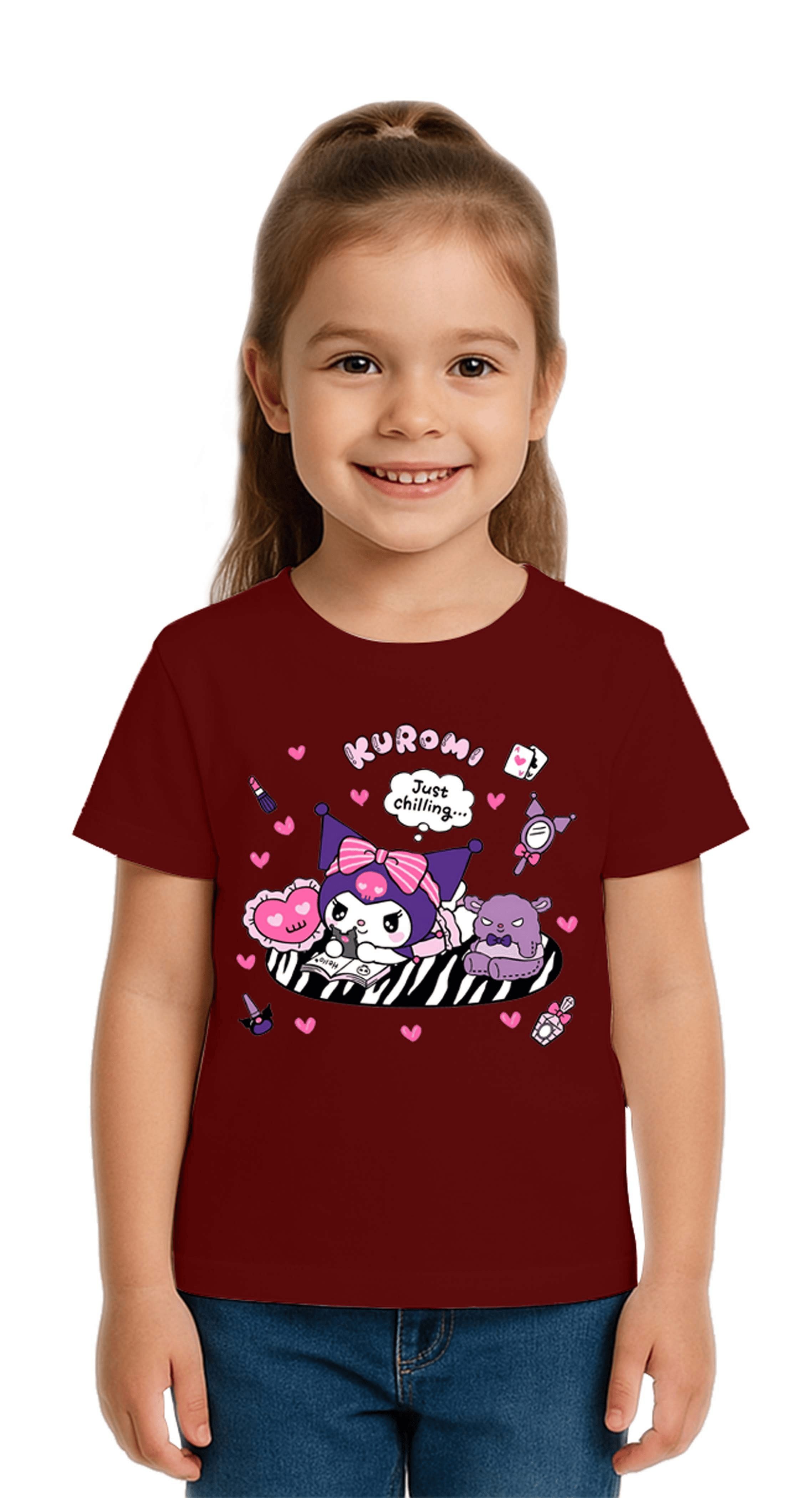 Unisex Kuromi Baskılı Çocuk Tişört pamuklu penye kumaş