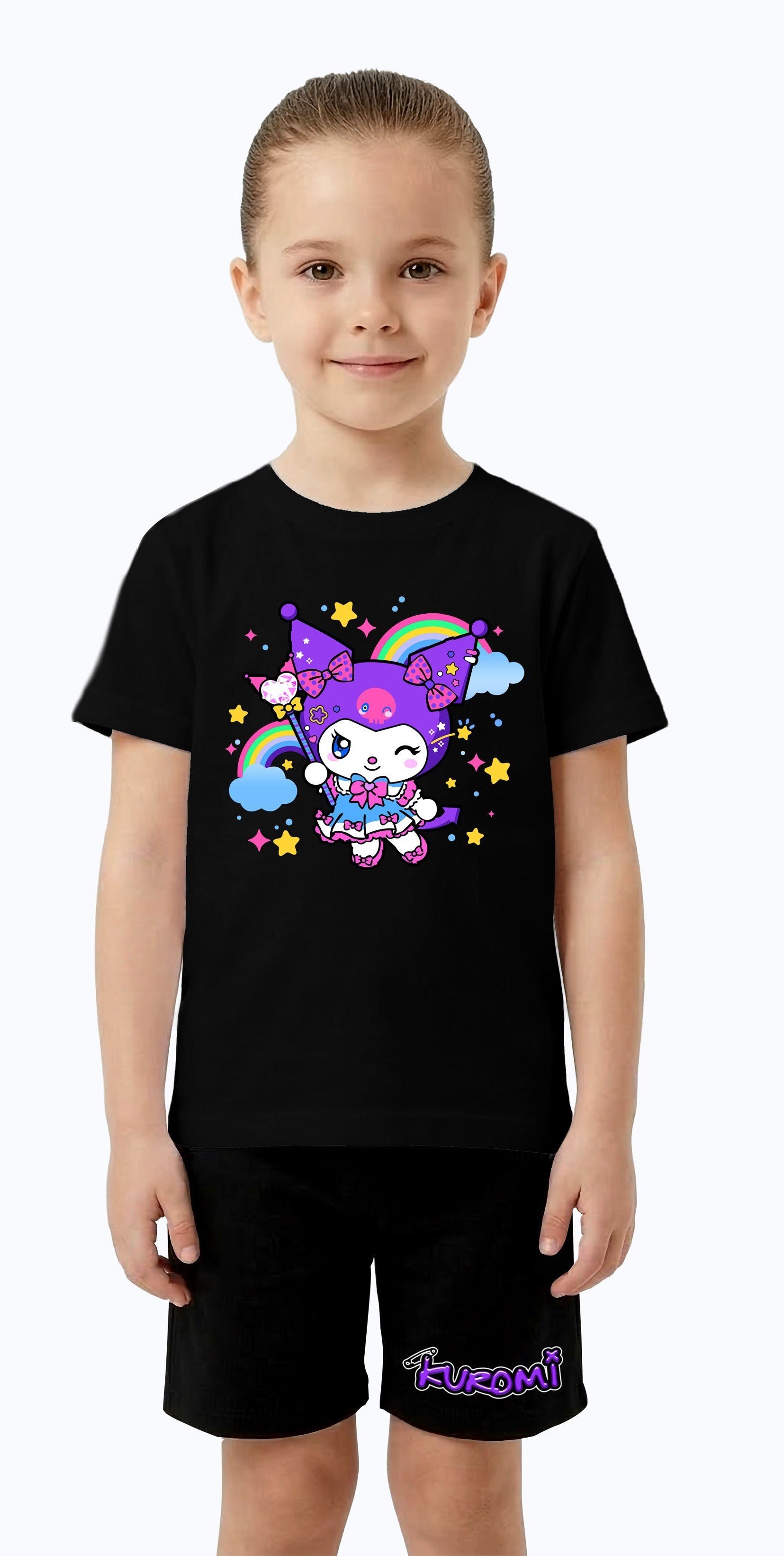 Unisex Kuromi baskılı Çocuk Tişört siyah Şortlu Takım pamuklu penye kumaş
