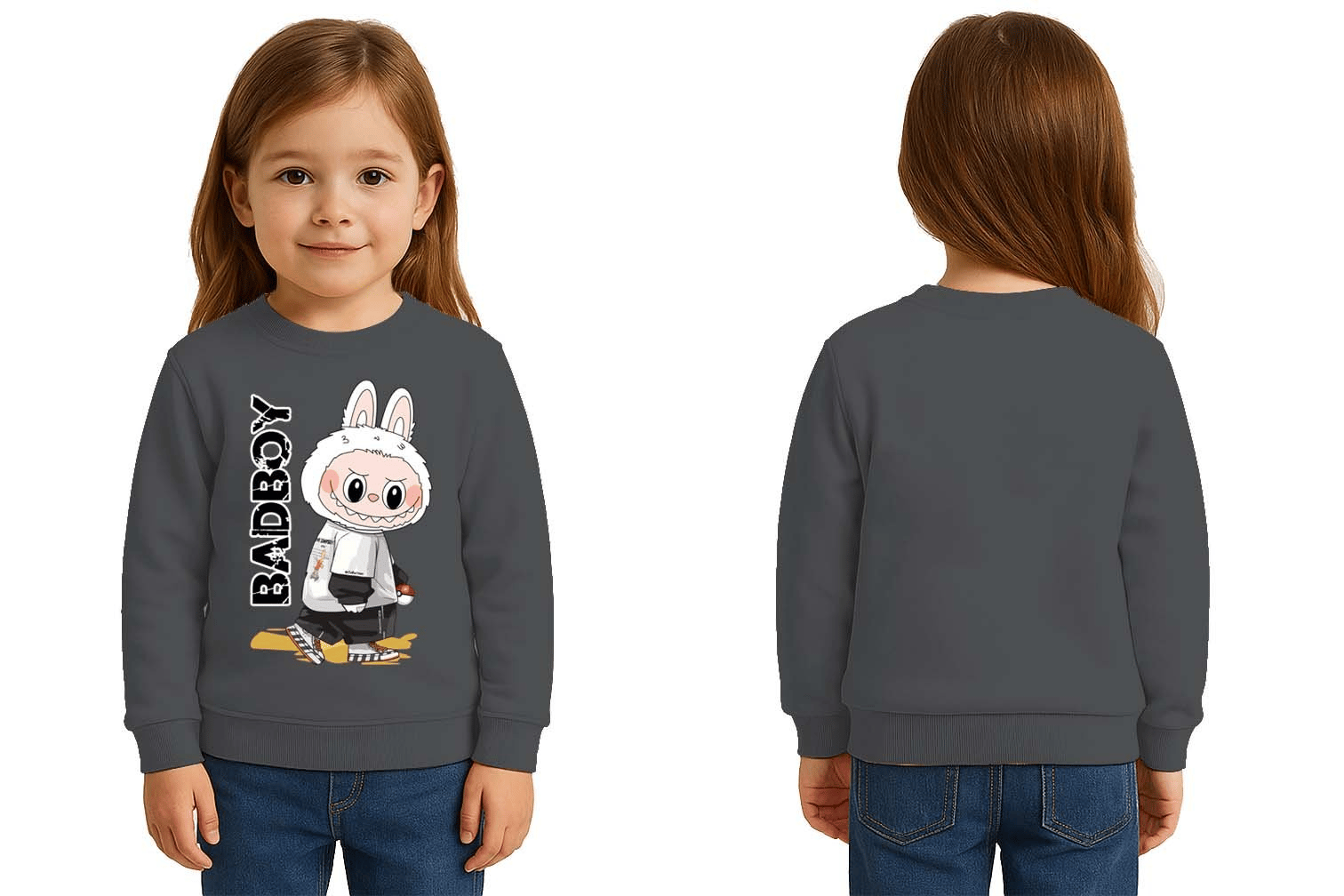 Unisex Labubu Baskılı Çocuk Swaetshirt 3 İplik Şardonlu