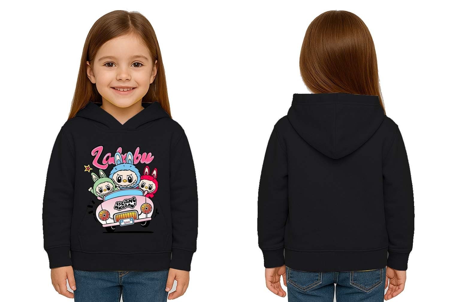 Unisex Labubu Baskılı Çocuk Swaetshirt Kapüşonlu 3 İplik Şardonlu