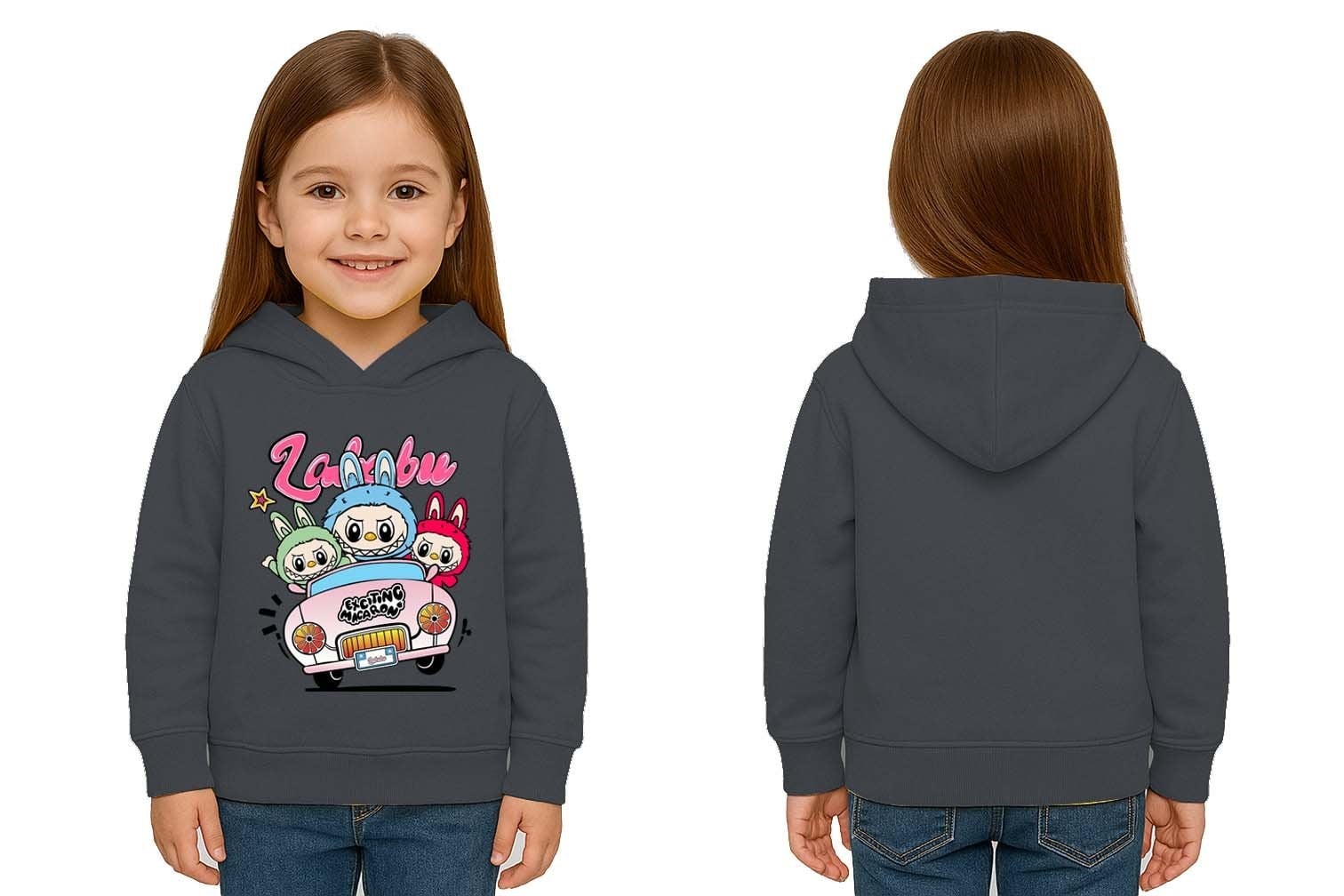 Unisex Labubu Baskılı Çocuk Swaetshirt Kapüşonlu 3 İplik Şardonlu