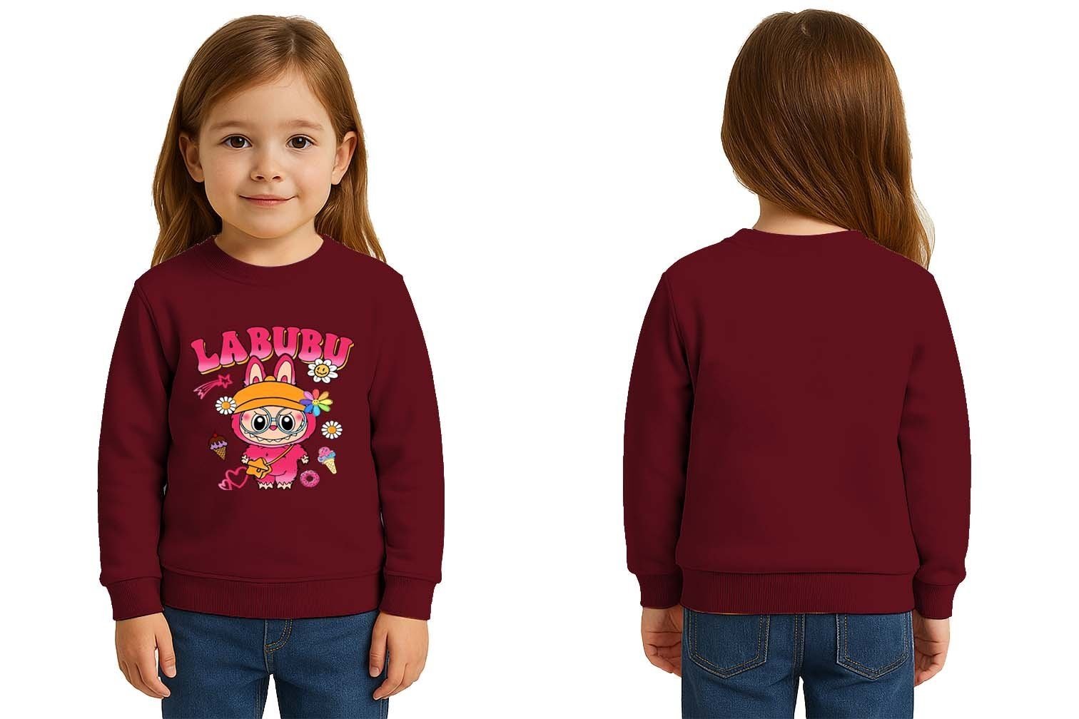 Unisex Labubu Baskılı Çocuk Swaetshirt 3 İplik Şardonlu