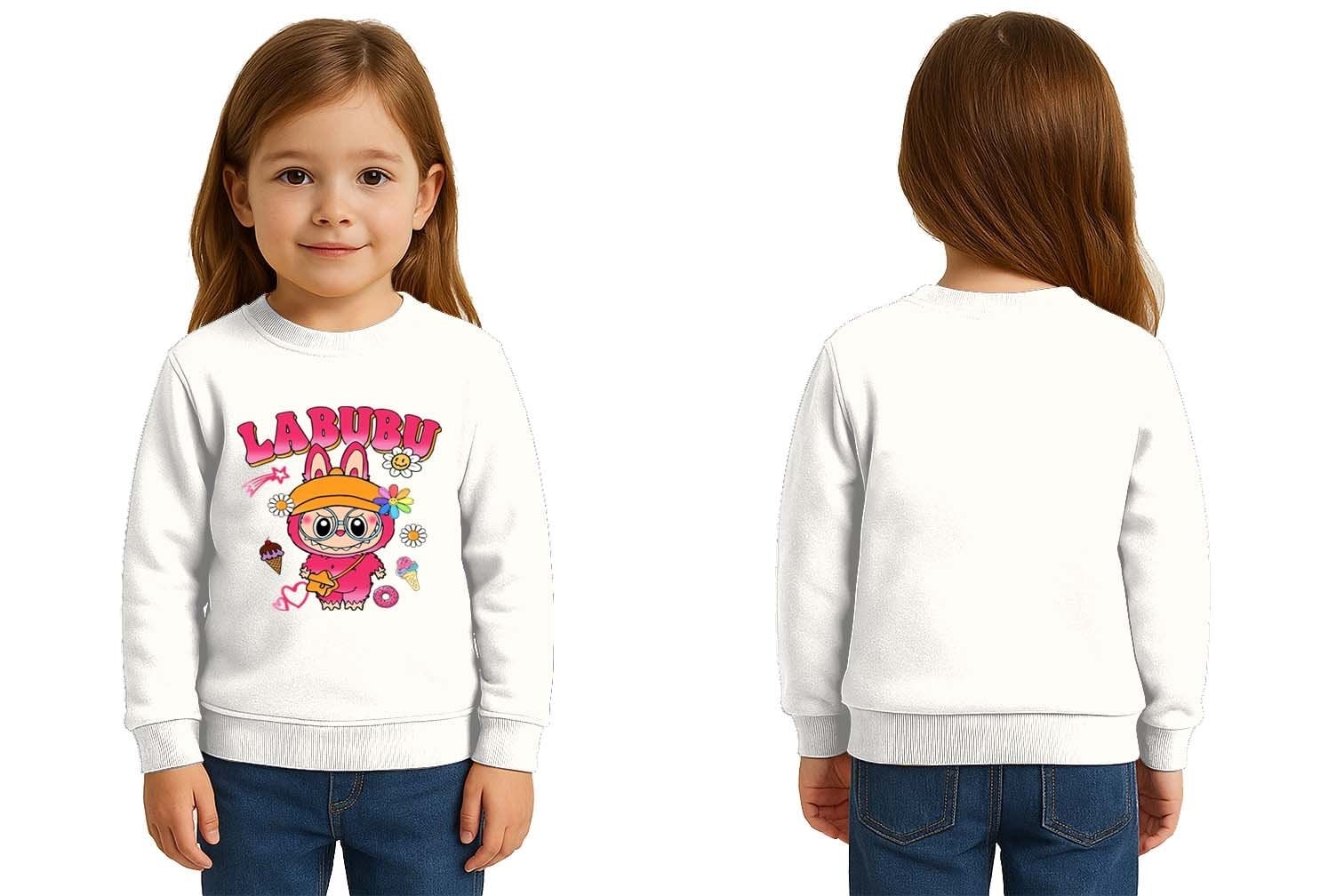 Unisex Labubu Baskılı Çocuk Swaetshirt 3 İplik Şardonlu