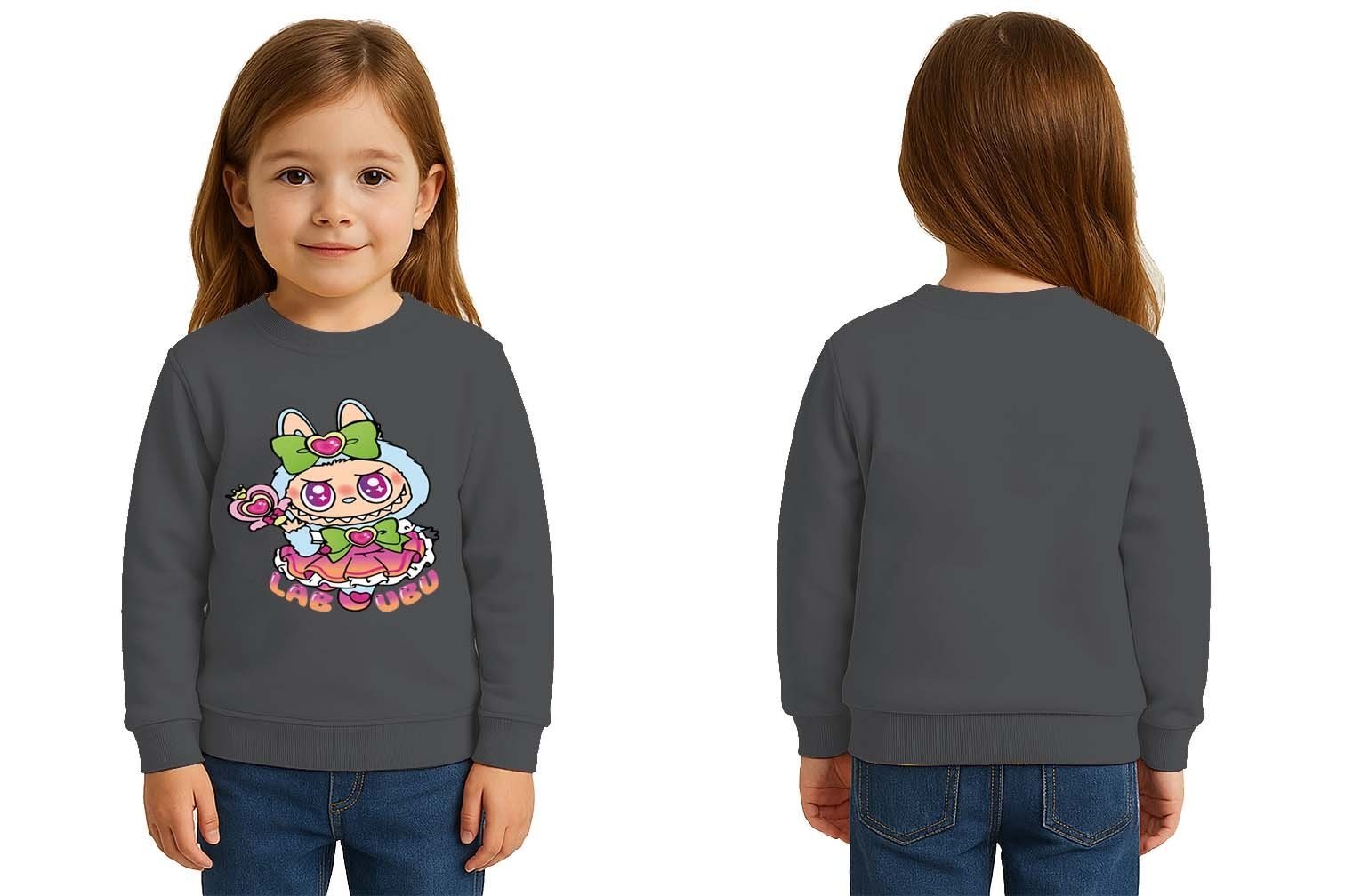 Unisex Labubu Baskılı Çocuk Swaetshirt 3 İplik Şardonlu