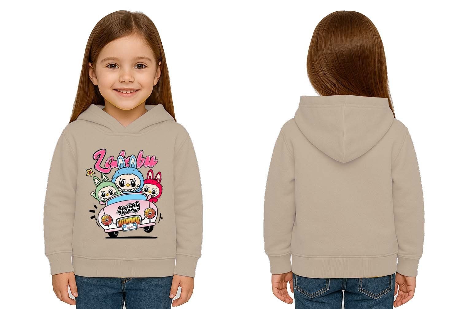 Unisex Labubu Baskılı Çocuk Swaetshirt Kapüşonlu 3 İplik Şardonlu