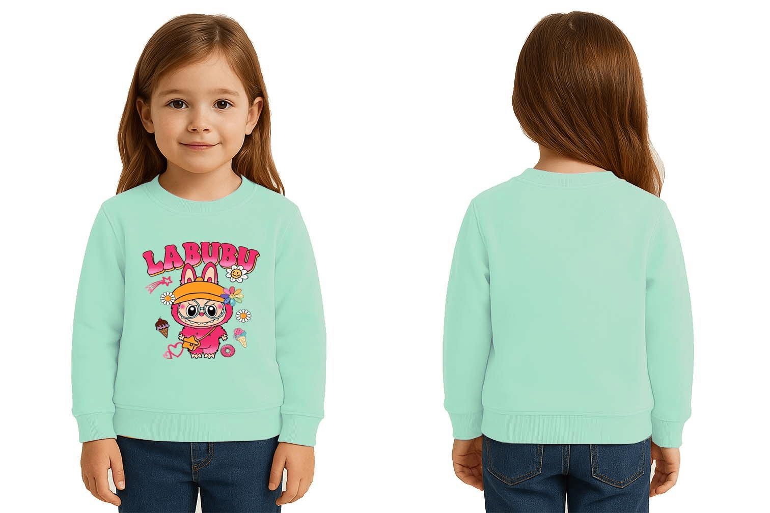 Unisex Labubu Baskılı Çocuk Swaetshirt 3 İplik Şardonlu