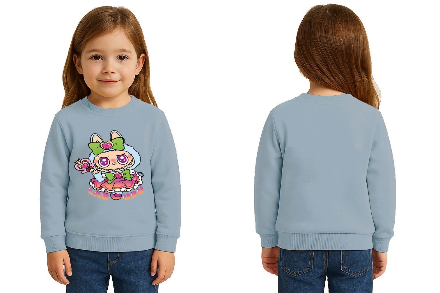 Unisex Labubu Baskılı Çocuk Swaetshirt 3 İplik Şardonlu