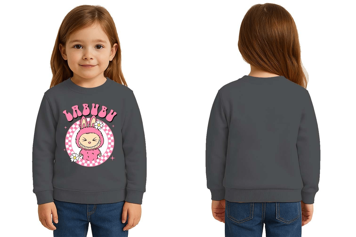 Unisex Labubu Baskılı Çocuk Swaetshirt 3 İplik Şardonlu