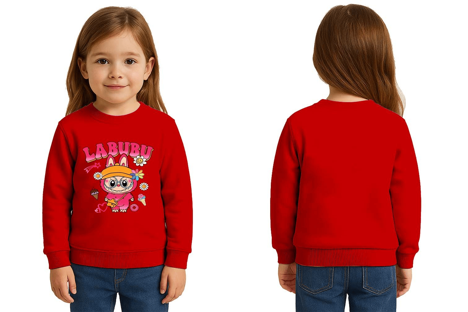 Unisex Labubu Baskılı Çocuk Swaetshirt 3 İplik Şardonlu