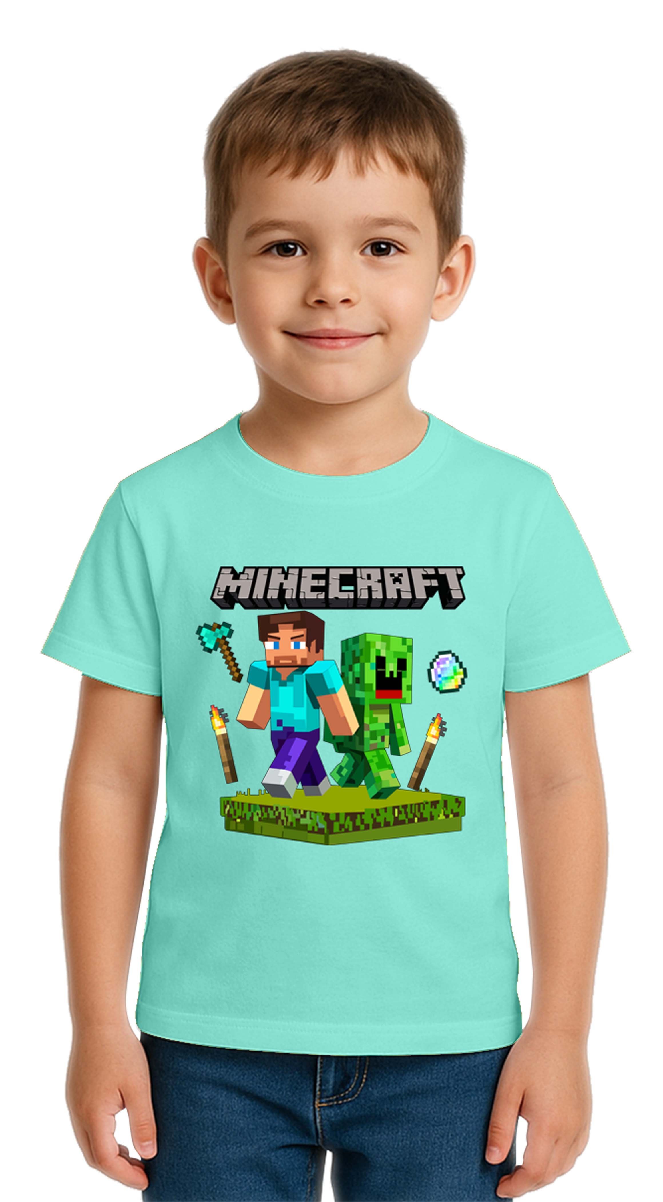 Unisex Mınecraft baskılı Çocuk Tişört pamuklu penye kumaş