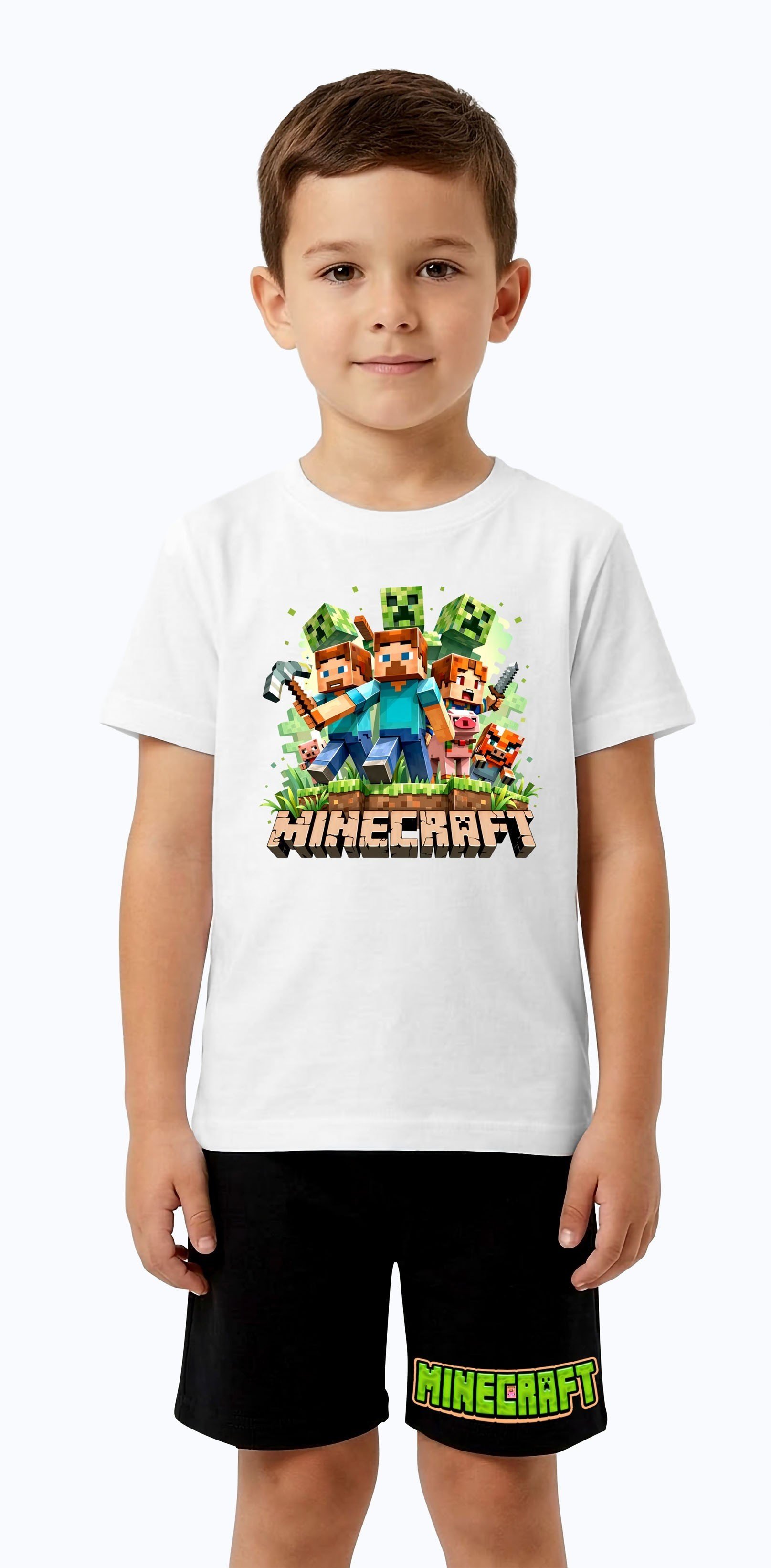 Unisex Mınecraft baskılı Çocuk Tişört Siyah Şortlu Takım pamuklu penye kumaş