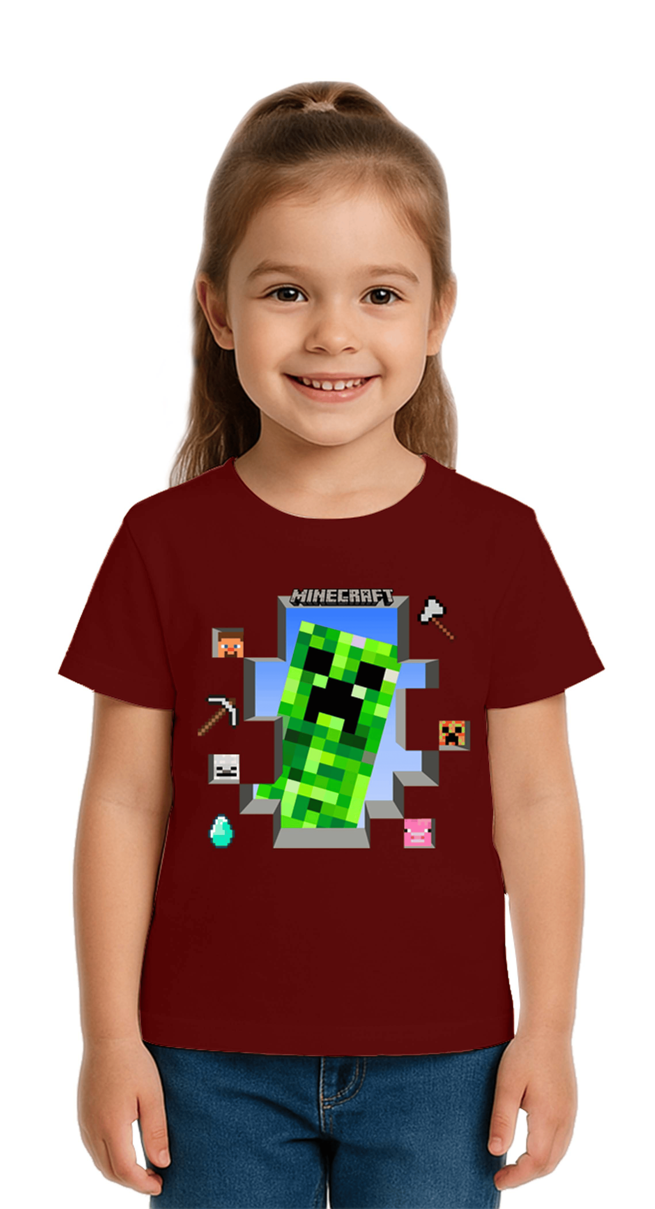 Unisex Mınecraft baskılı Çocuk Tişört pamuklu penye kumaş