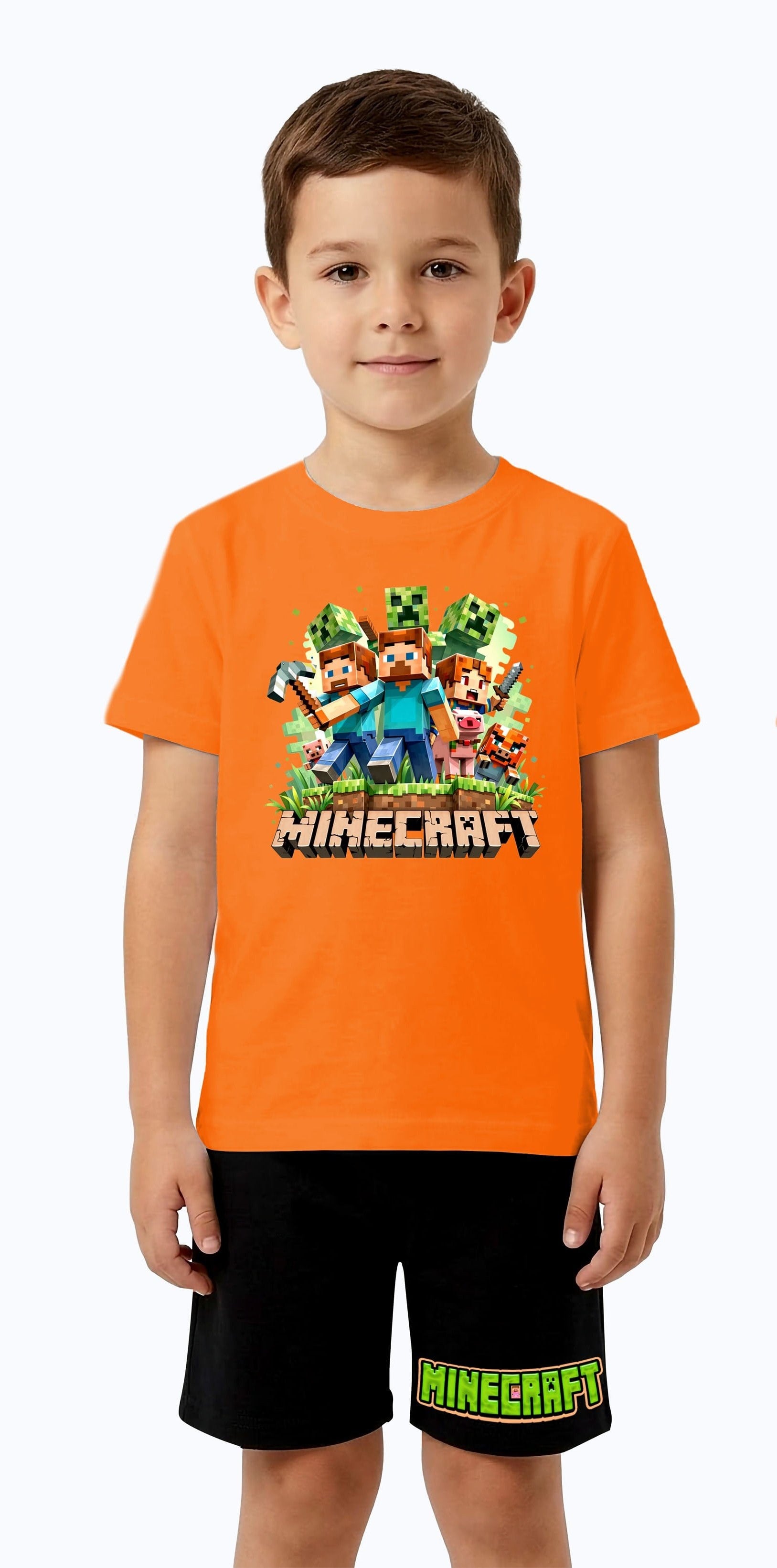 Unisex Mınecraft baskılı Çocuk Tişört Siyah Şortlu Takım pamuklu penye kumaş