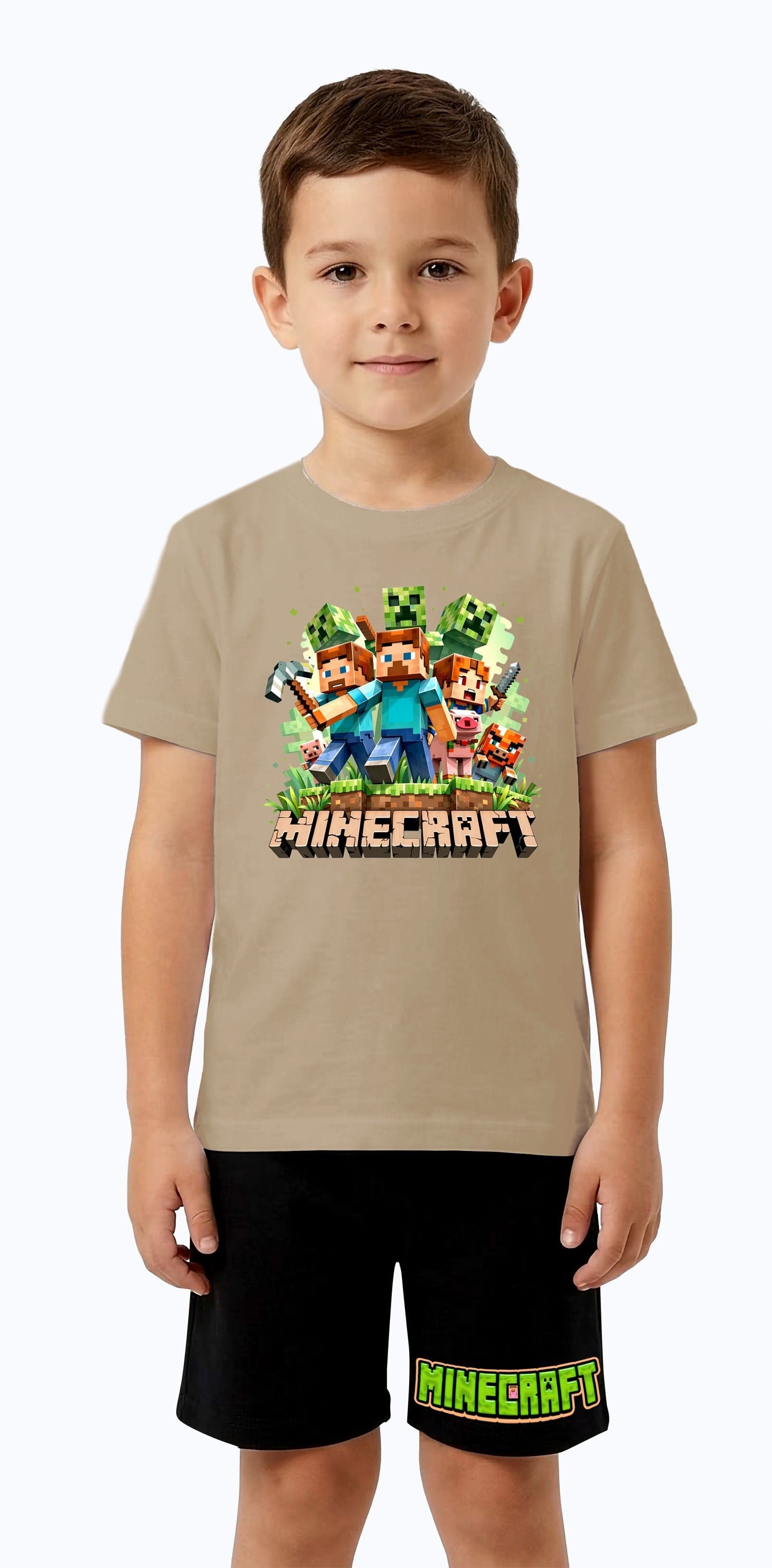 Unisex Mınecraft baskılı Çocuk Tişört Siyah Şortlu Takım pamuklu penye kumaş