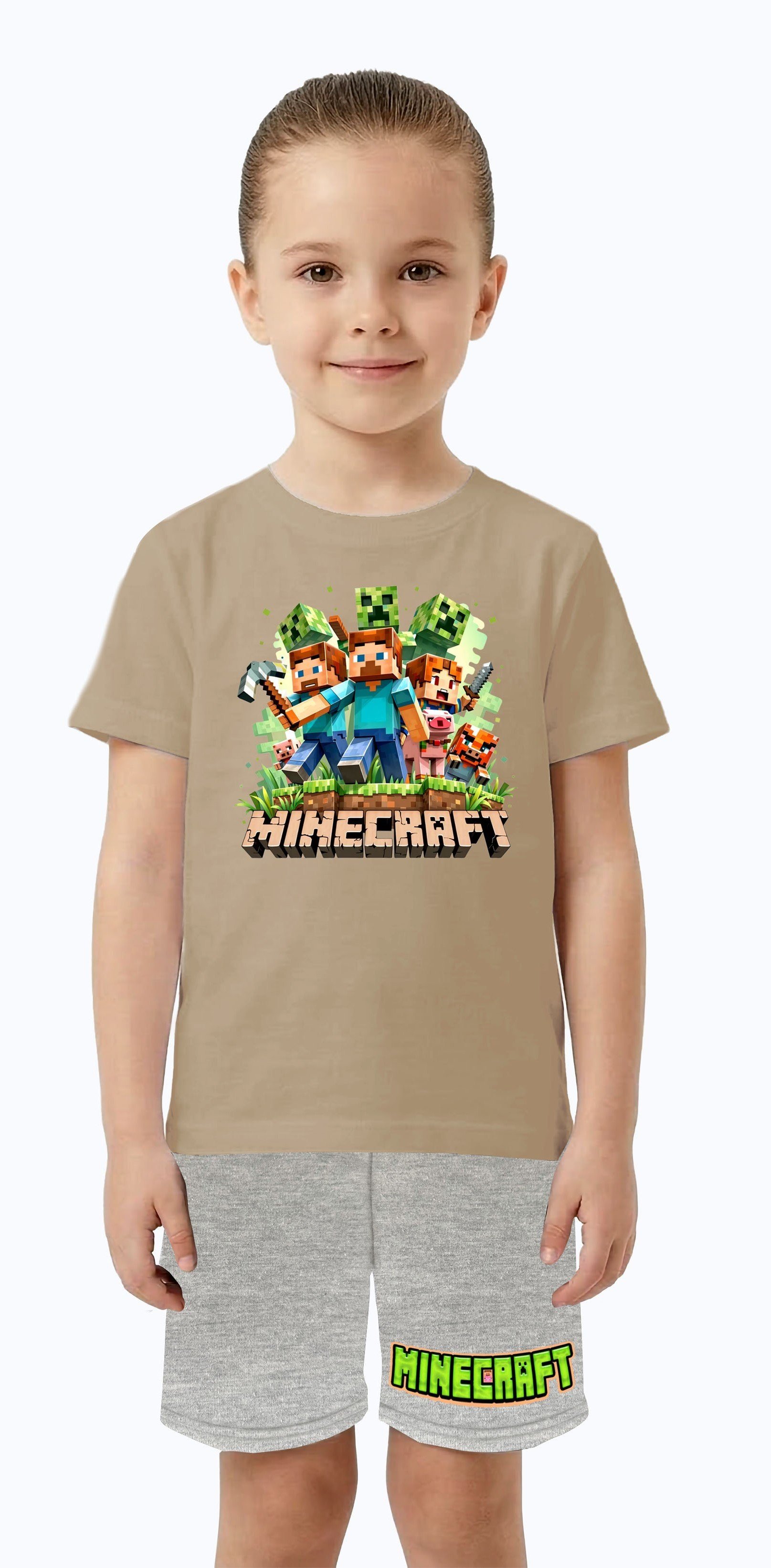 Unisex Mınecraft baskılı Çocuk Tişört gri Şortlu Takım pamuklu penye kumaş