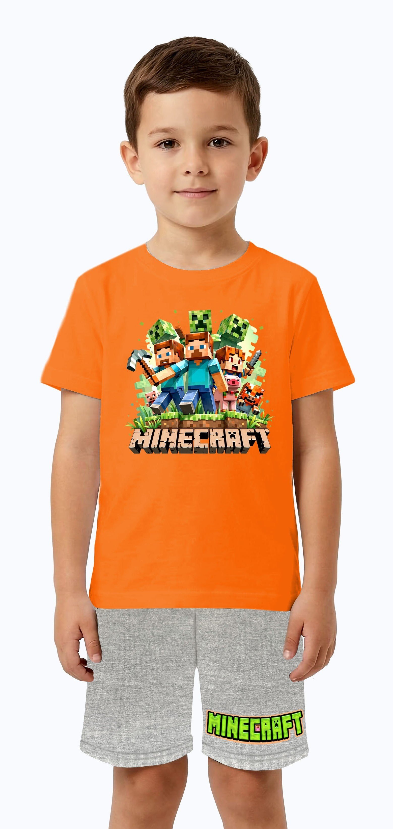 Unisex Mınecraft baskılı Çocuk Tişört gri Şortlu Takım pamuklu penye kumaş