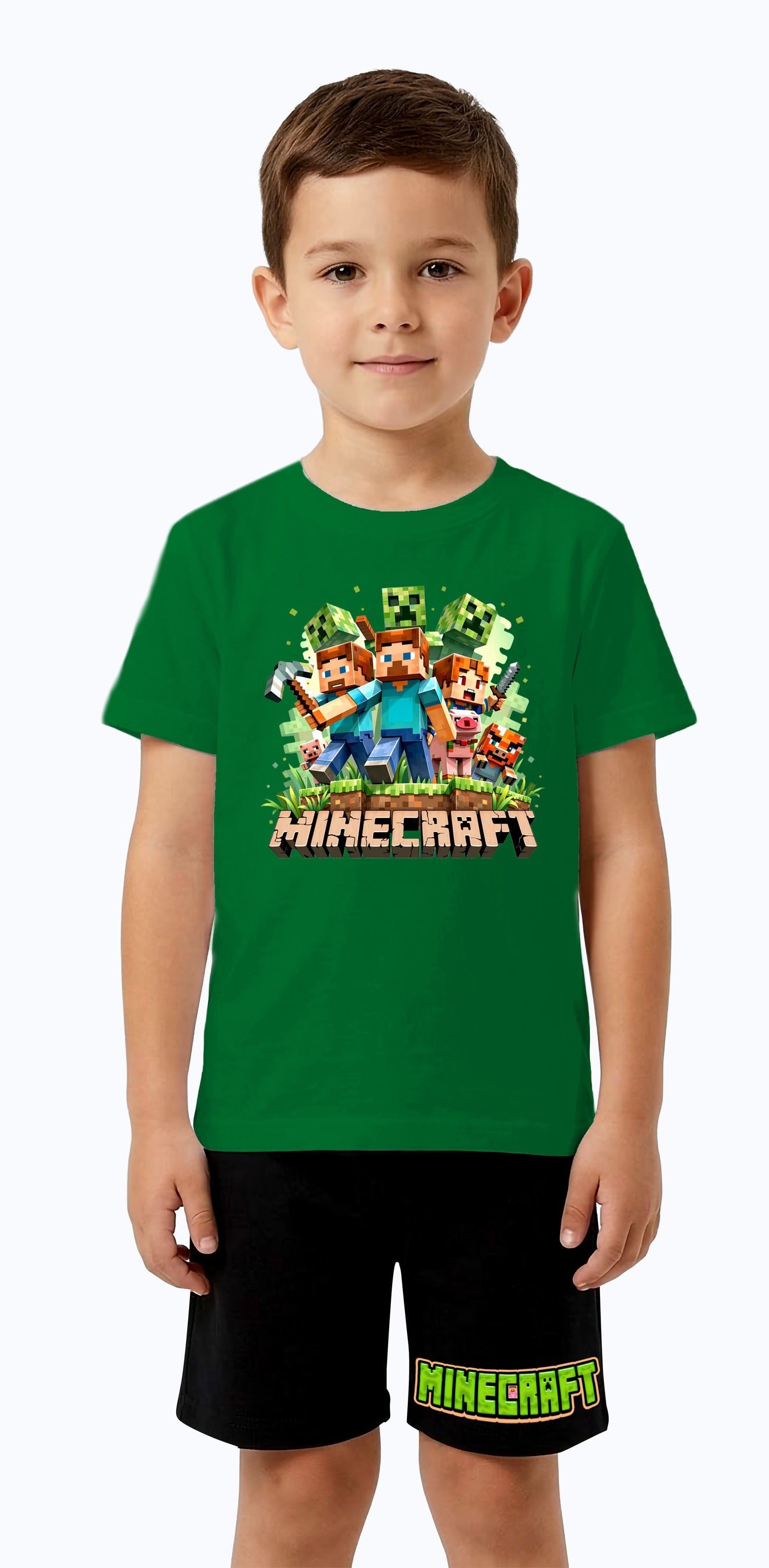 Unisex Mınecraft baskılı Çocuk Tişört Siyah Şortlu Takım pamuklu penye kumaş