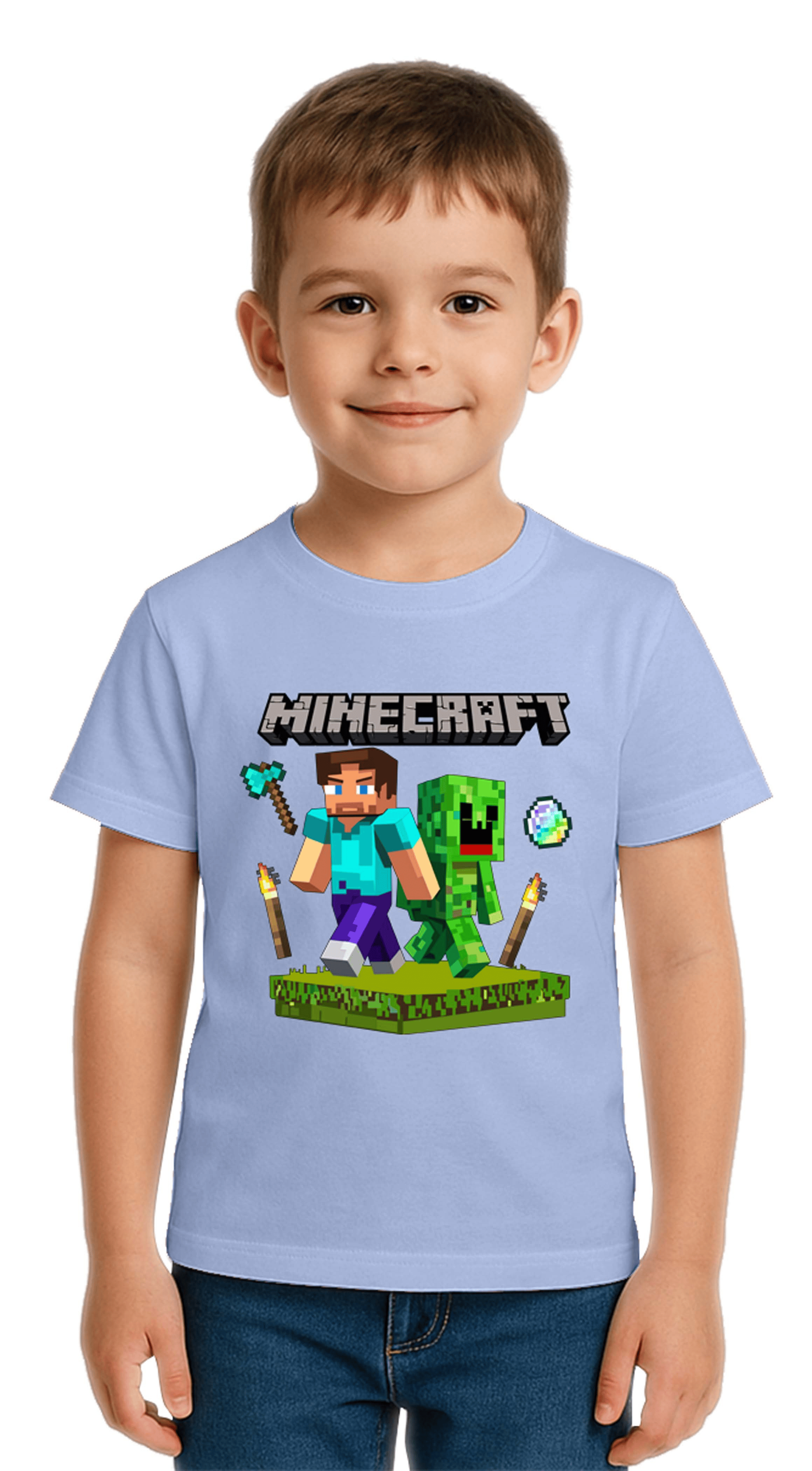 Unisex Mınecraft baskılı Çocuk Tişört pamuklu penye kumaş