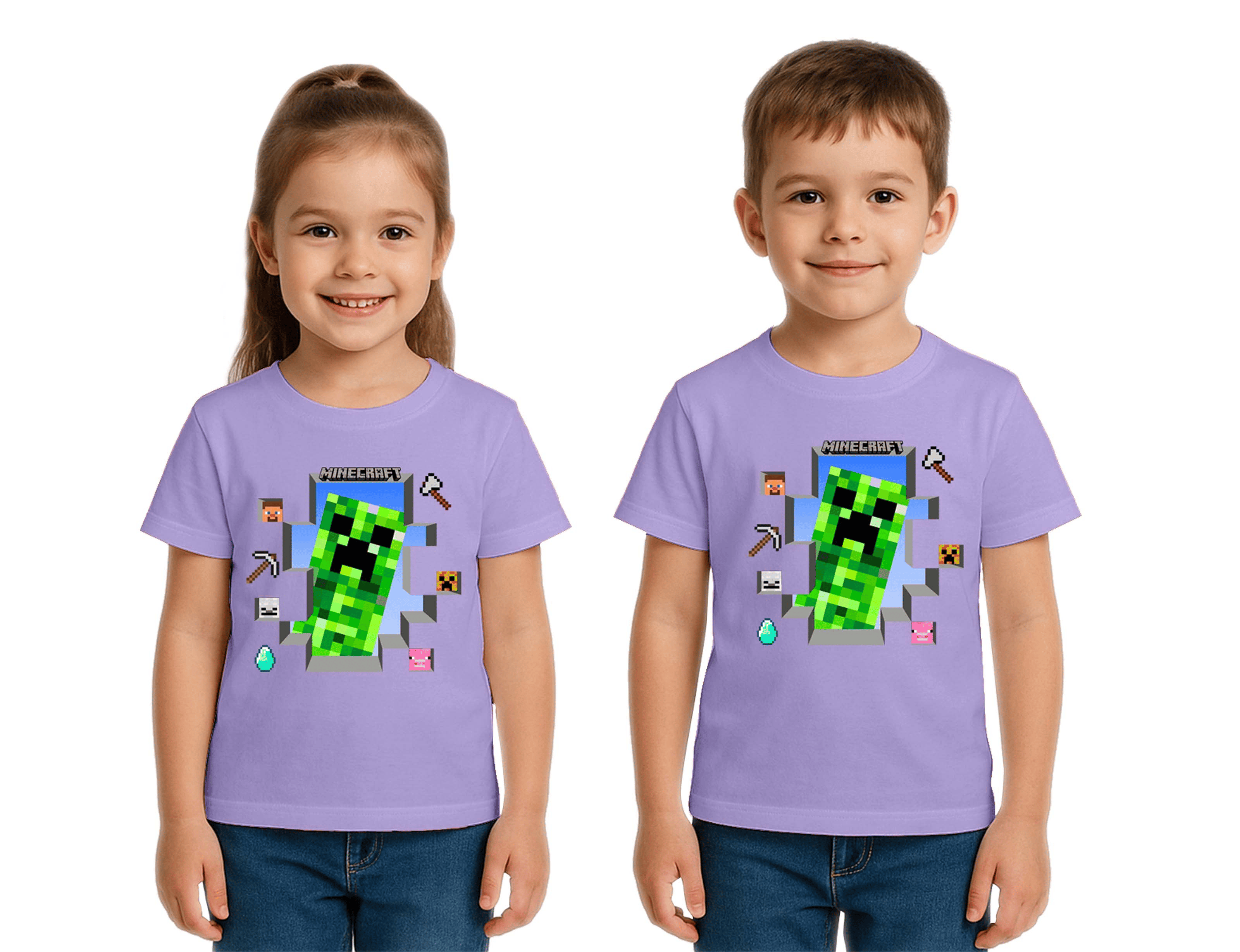 Unisex Mınecraft baskılı Çocuk Tişört pamuklu penye kumaş