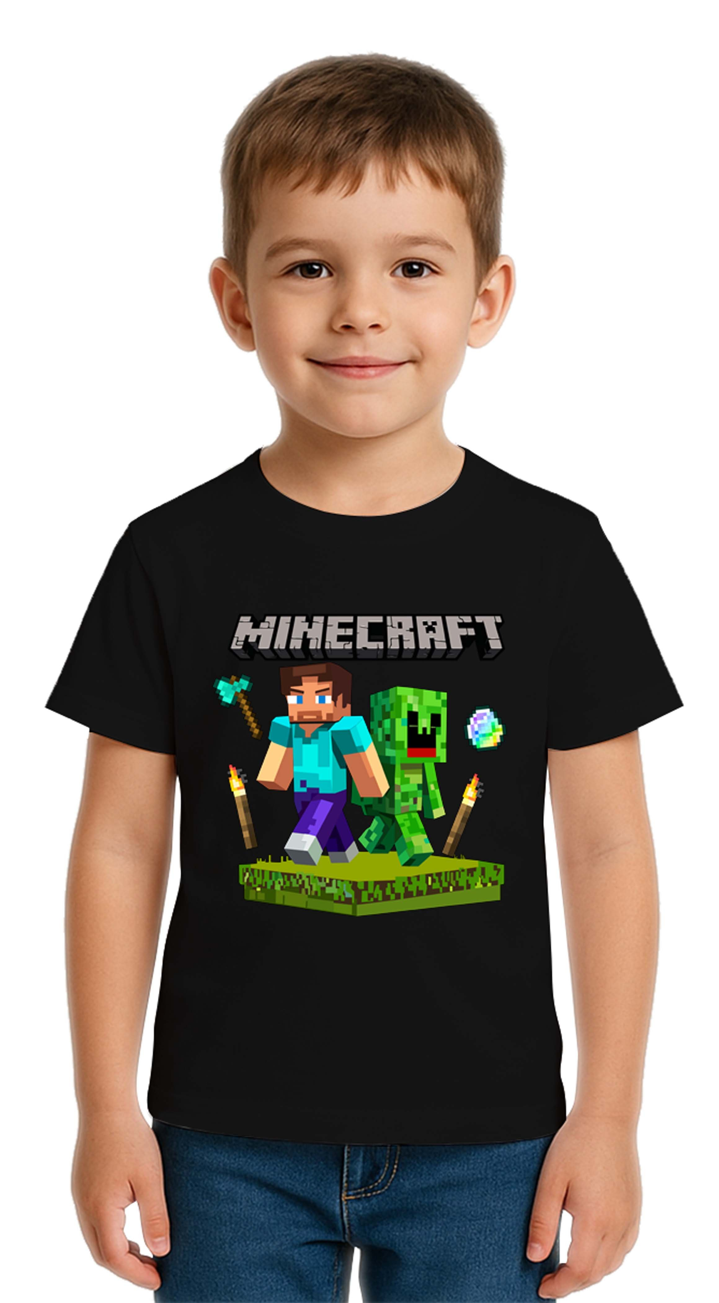 Unisex Mınecraft baskılı Çocuk Tişört pamuklu penye kumaş