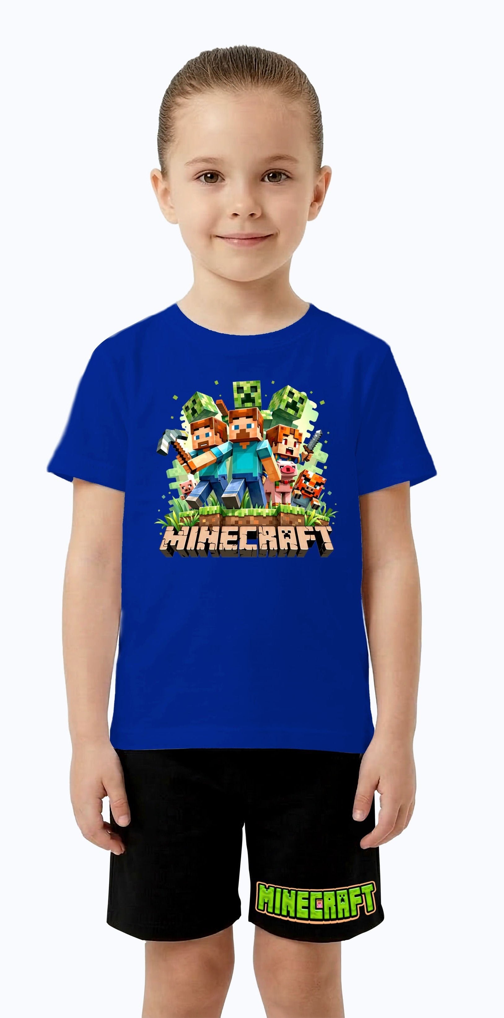 Unisex Mınecraft baskılı Çocuk Tişört Siyah Şortlu Takım pamuklu penye kumaş