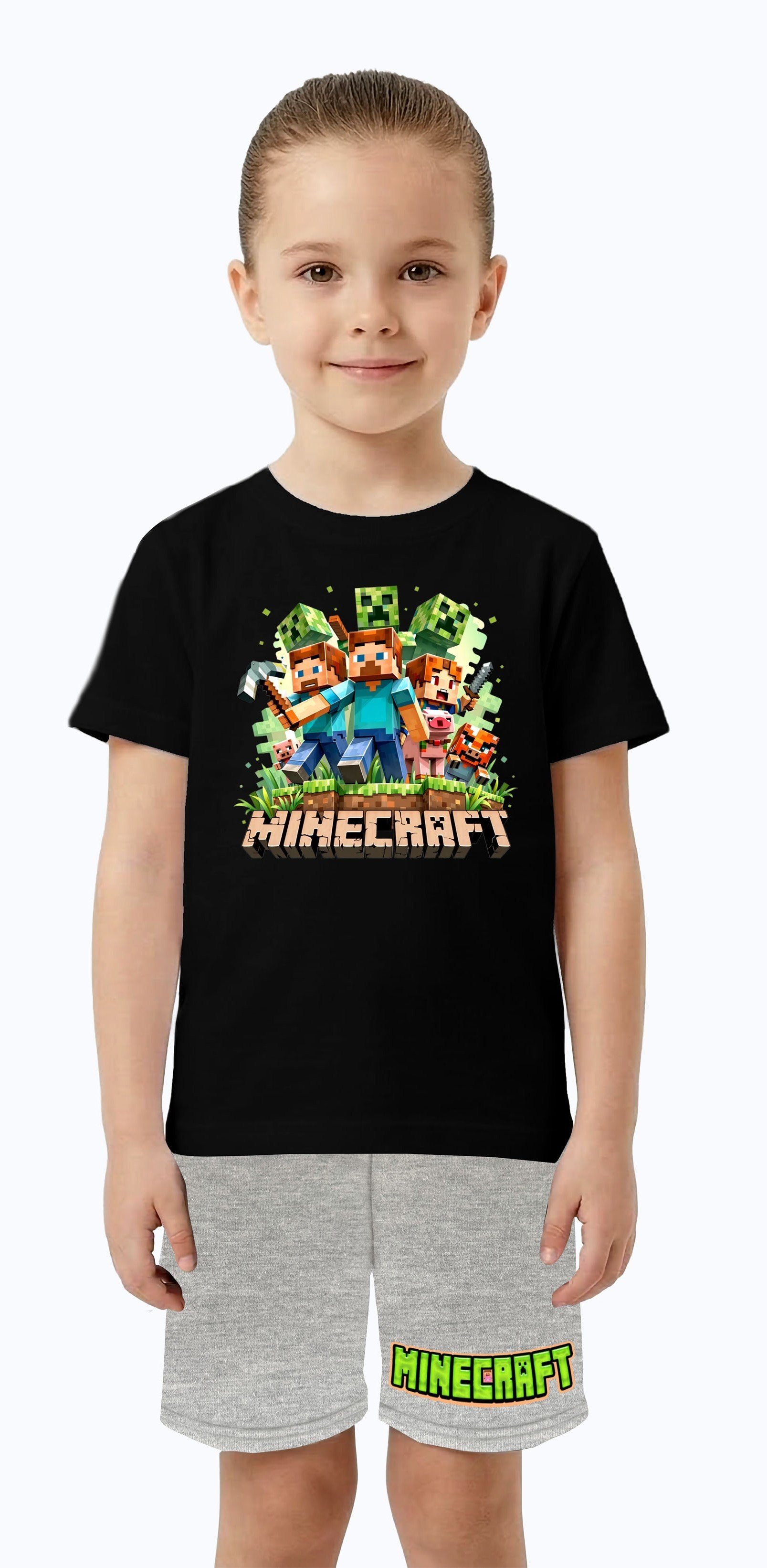 Unisex Mınecraft baskılı Çocuk Tişört gri Şortlu Takım pamuklu penye kumaş